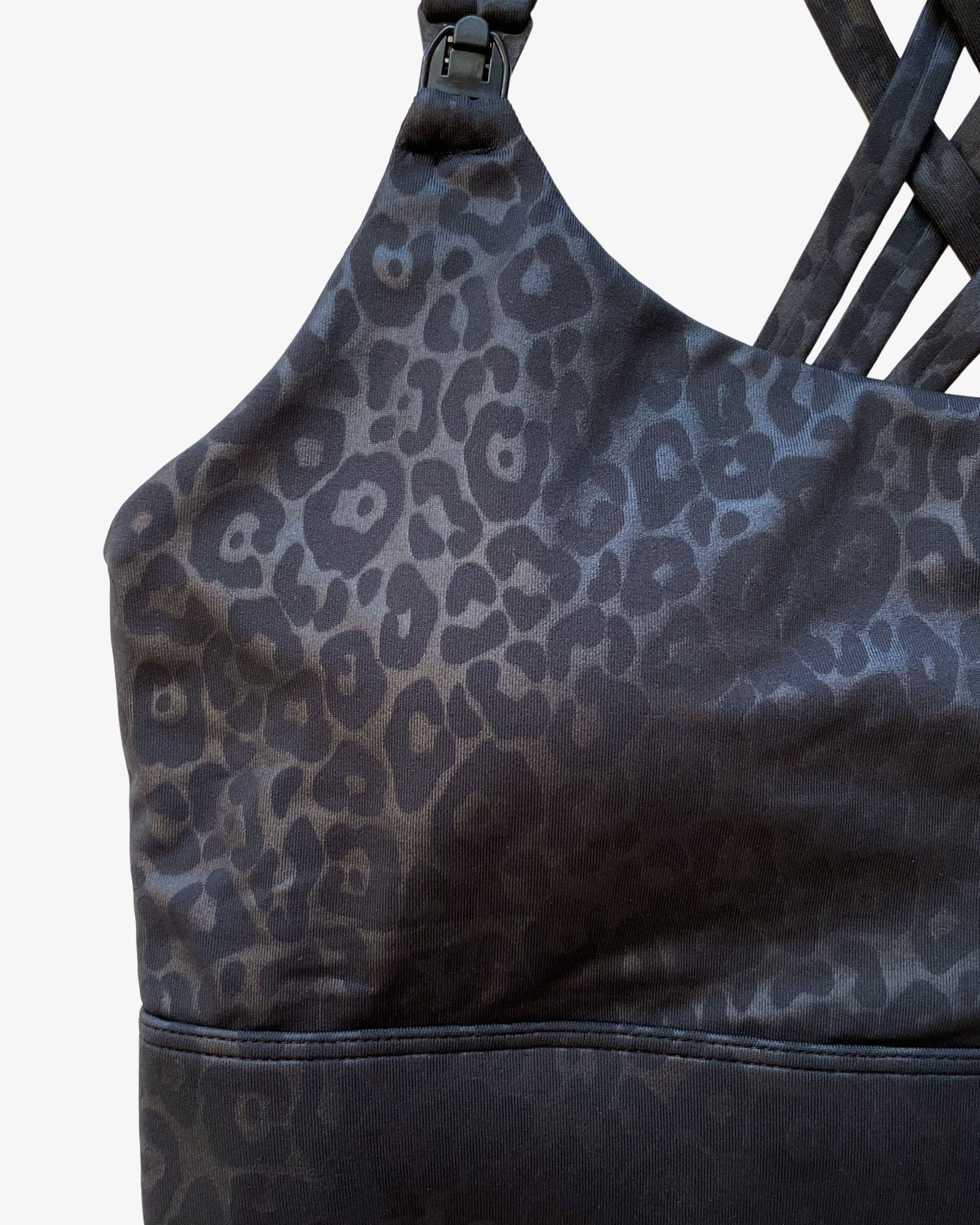 Chloe 3 Running Nursing Sports Bra, black, strappy back, supportive, stylish, mid high impact, high coverage, supportive, large chest, black cheetah, sweat and milk