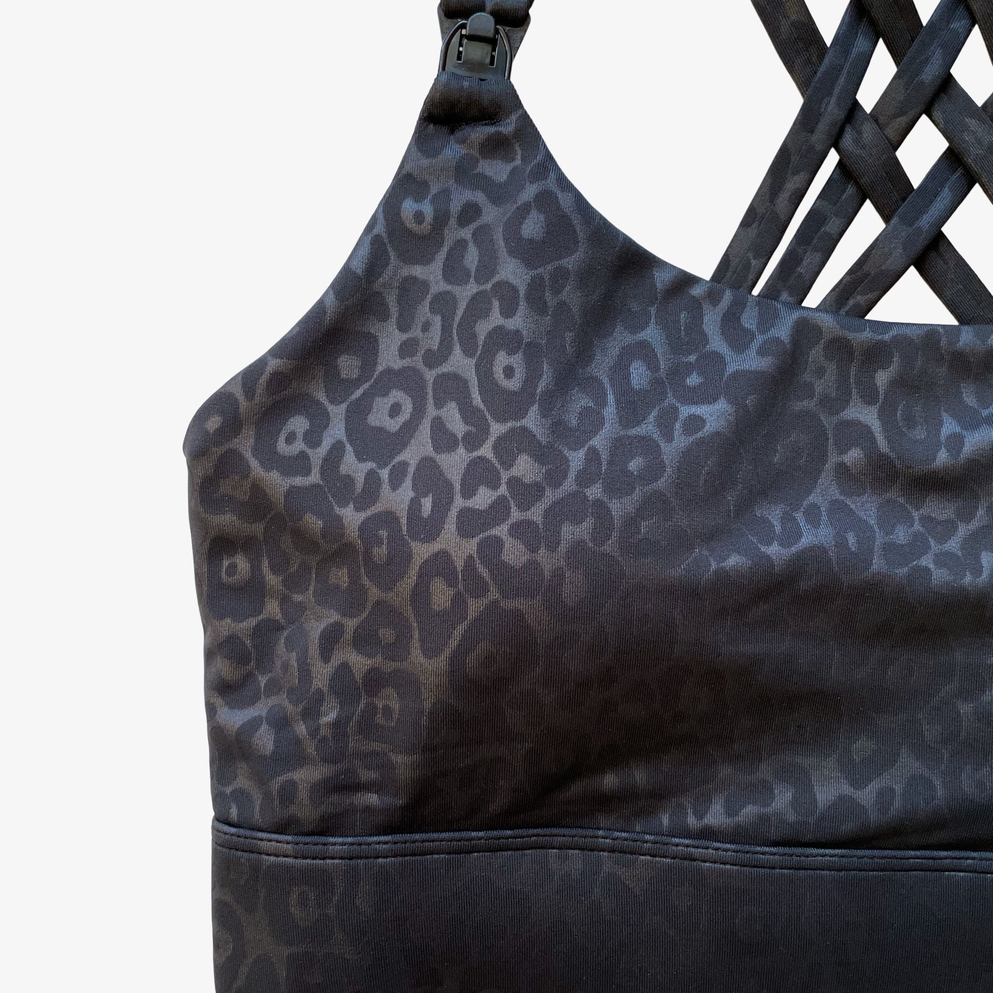 Chloe 3 Running Nursing Sports Bra, black, strappy back, supportive, stylish, mid high impact, high coverage, supportive, large chest, black cheetah, sweat and milk