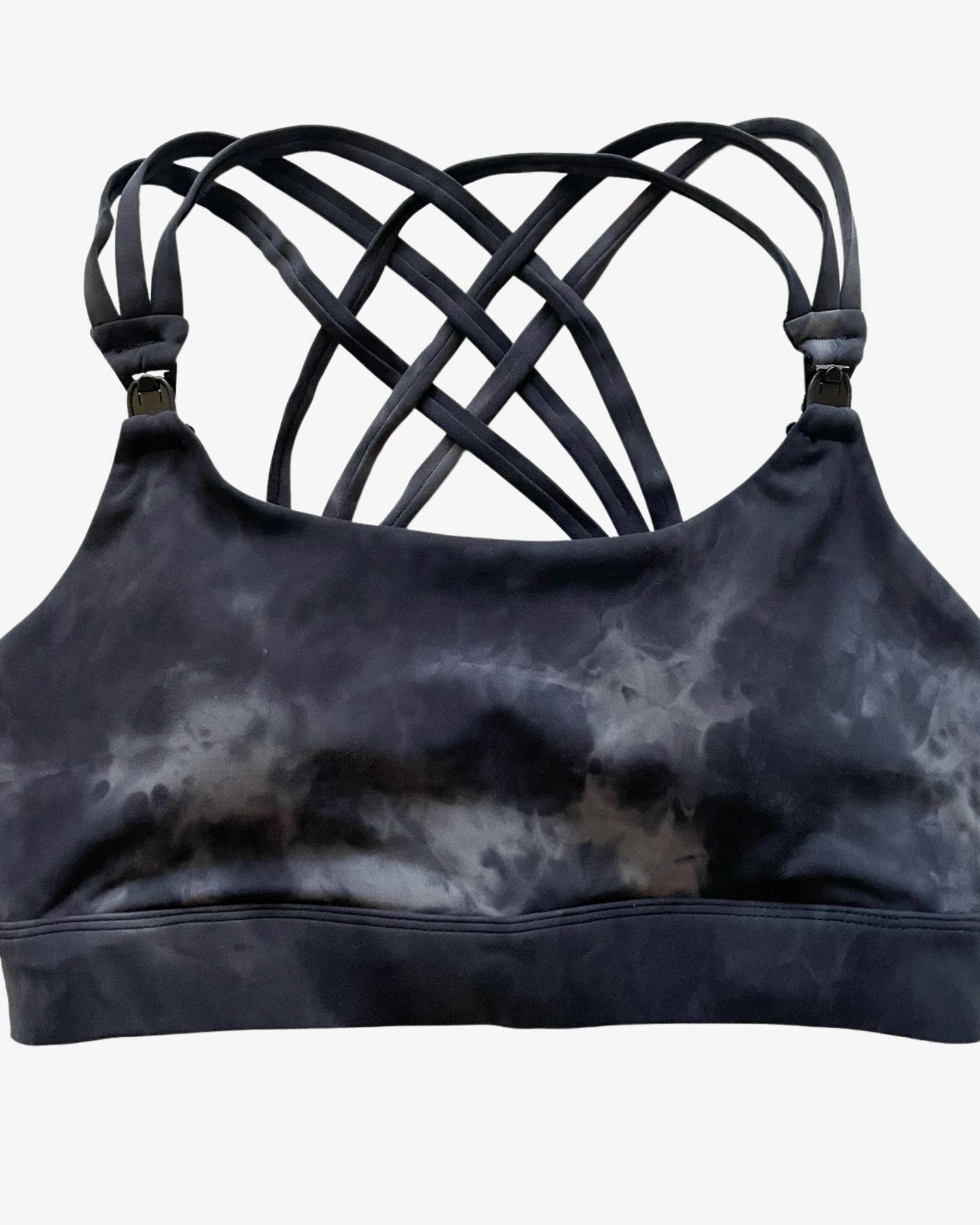 Chloe 4 Running Nursing and Pumping Sports Bra, black, strappy back, supportive, stylish, mid high impact, high coverage, supportive, large chest, black tie dye, sweat and milk