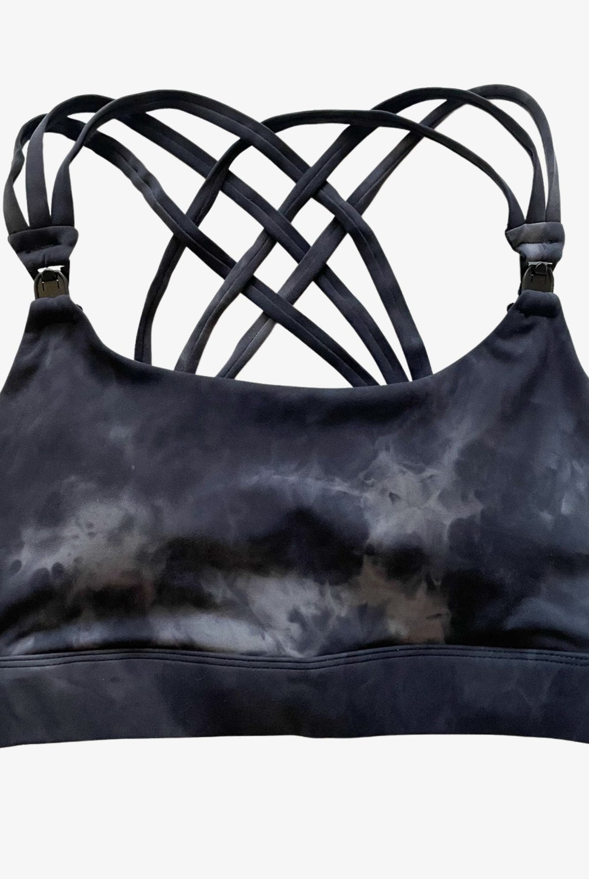 Chloe 4 Running Nursing and Pumping Sports Bra, black, strappy back, supportive, stylish, mid high impact, high coverage, supportive, large chest, black tie dye, sweat and milk