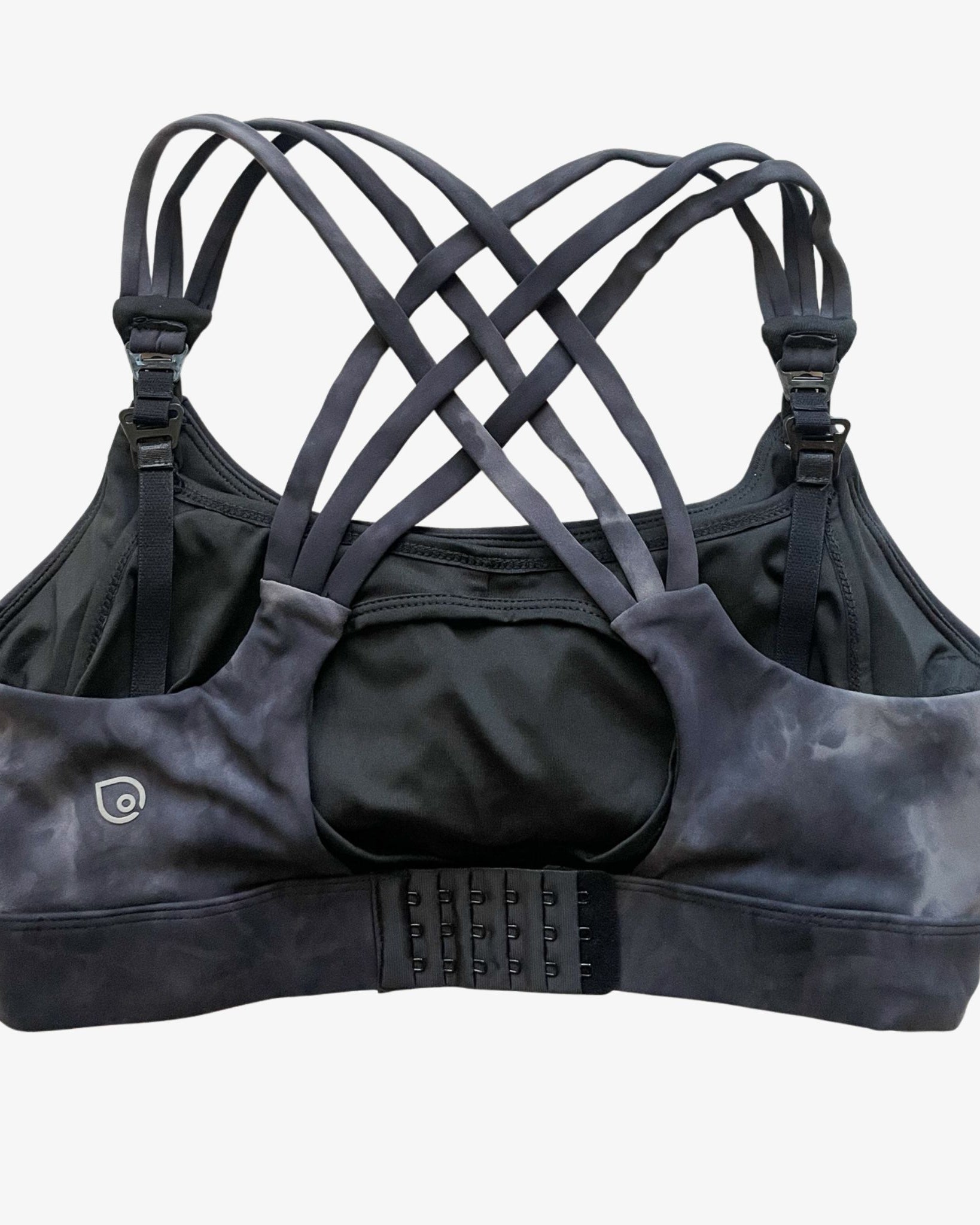Chloe 4 Running Nursing and Pumping Sports Bra, black, strappy back, supportive, stylish, mid high impact, high coverage, supportive, large chest, black tie dye, sweat and milk