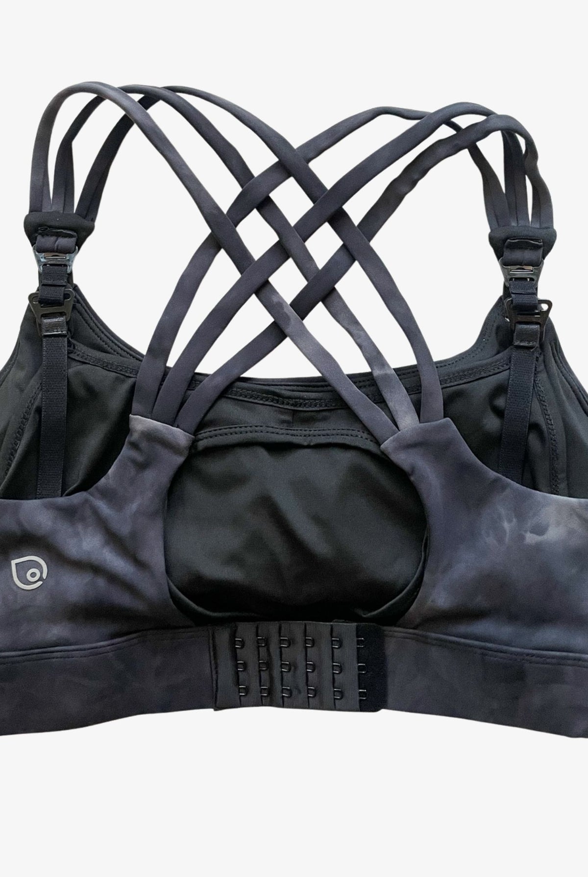 Chloe 4 Running Nursing and Pumping Sports Bra, black, strappy back, supportive, stylish, mid high impact, high coverage, supportive, large chest, black tie dye, sweat and milk