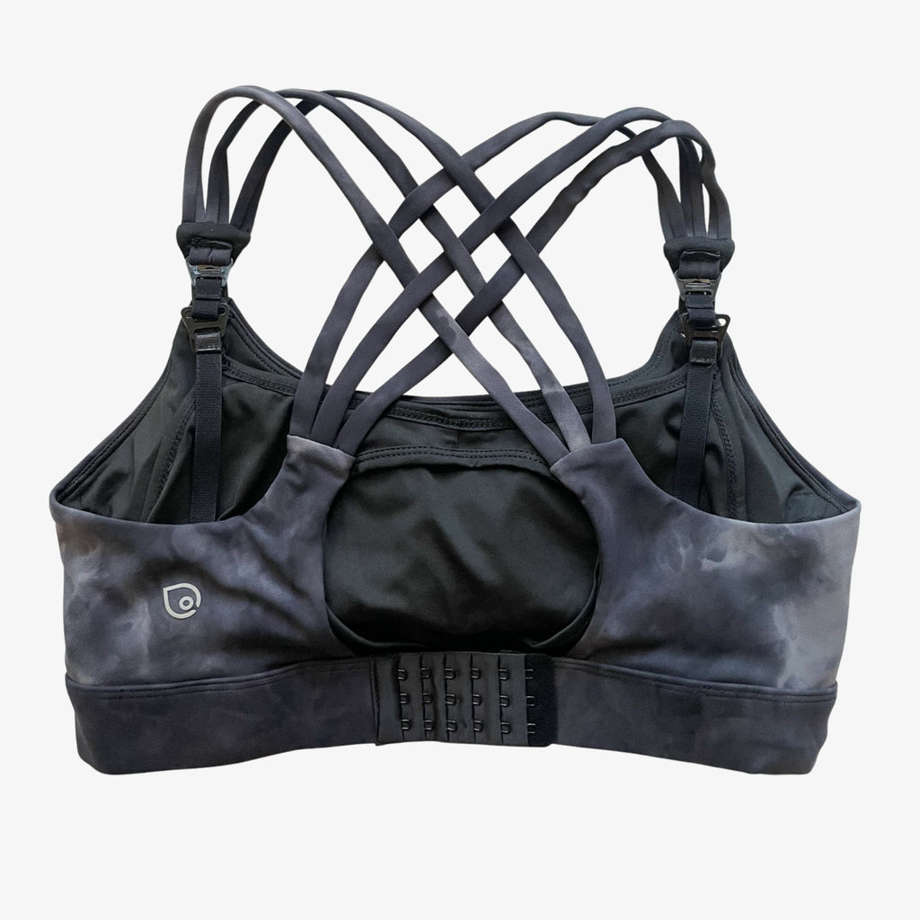 Chloe 4 Running Nursing and Pumping Sports Bra, black, strappy back, supportive, stylish, mid high impact, high coverage, supportive, large chest, black tie dye, sweat and milk
