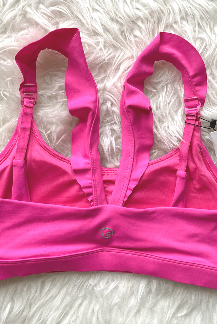 Madison Ruffle Nursing Sports Bra, Medium support, running, largest breast, hot pink