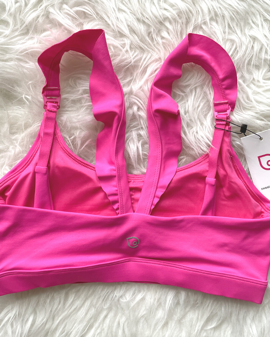 Madison Ruffle Nursing Sports Bra, Medium support, running, largest breast, hot pink