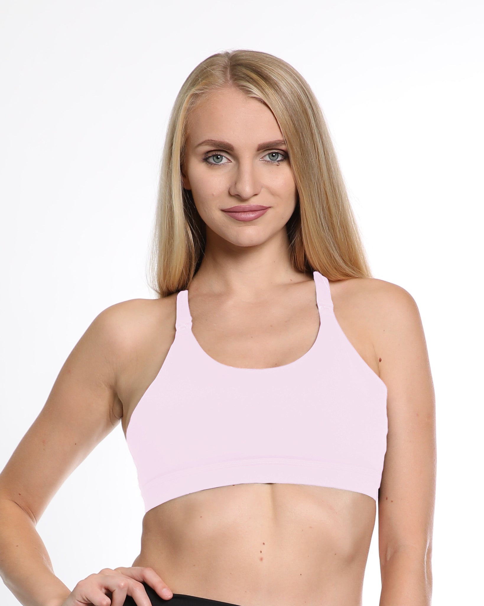 Océane 3 Nursing sports Bra, clip down nursing, high impact nursing sports bra, nursing sports bra for big chested women, hands free pumping, blush, strappy back, stylish, adjustable, comfy