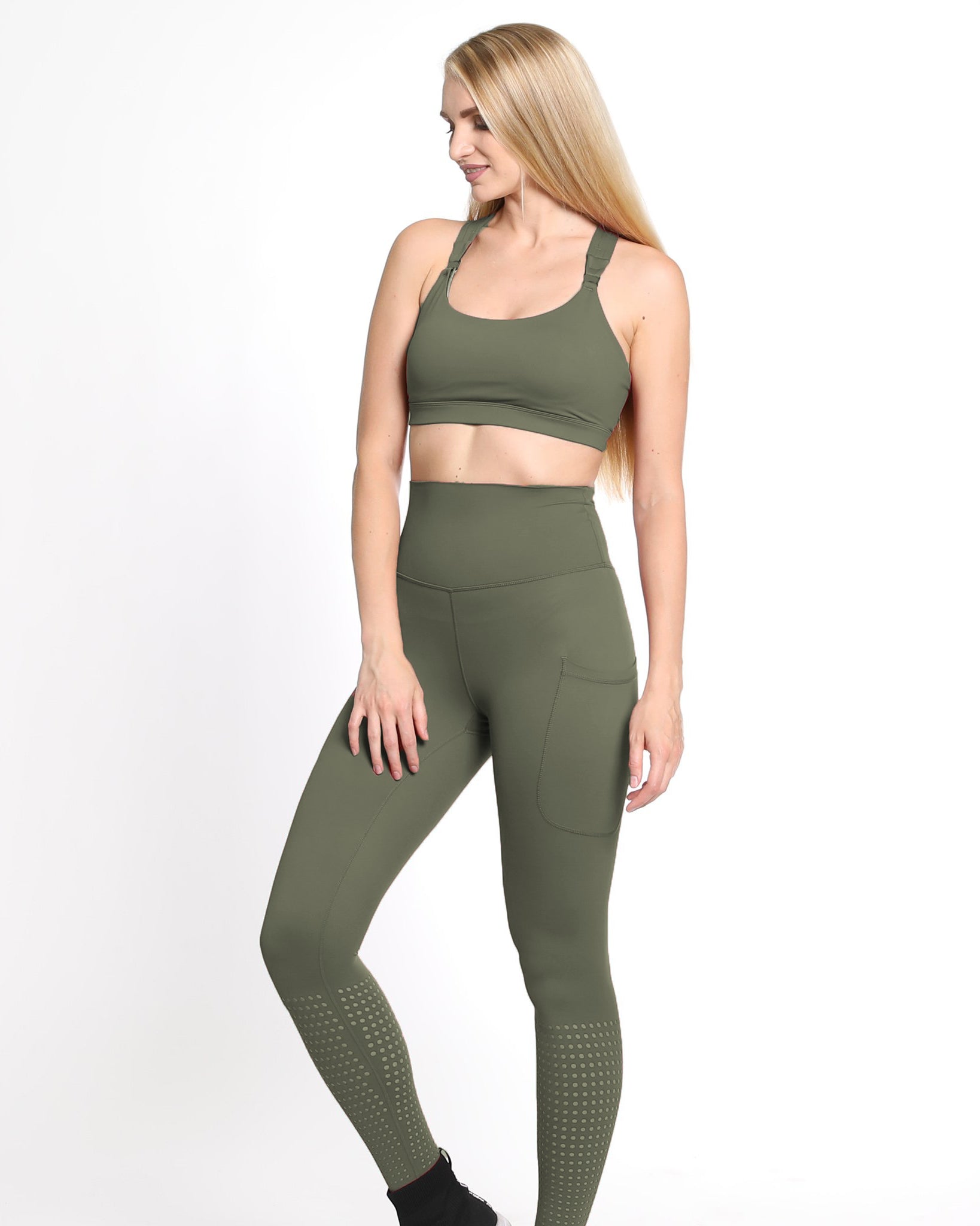 Chloe 3 Running Nursing Sports Bra, strappy back, supportive, high impact, olive - Sweat and Milk