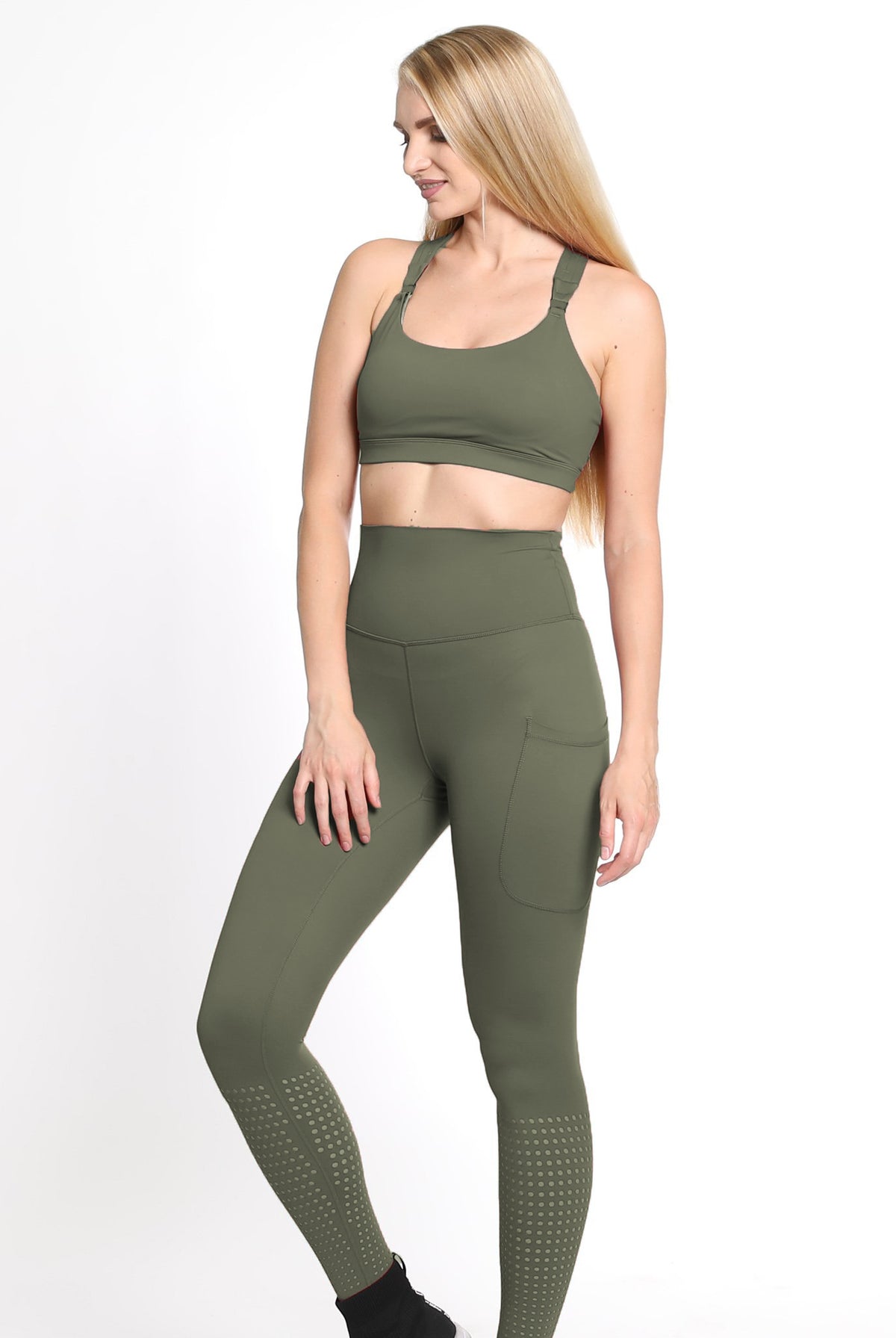 Chloe 3 Running Nursing Sports Bra, strappy back, supportive, high impact, olive - Sweat and Milk