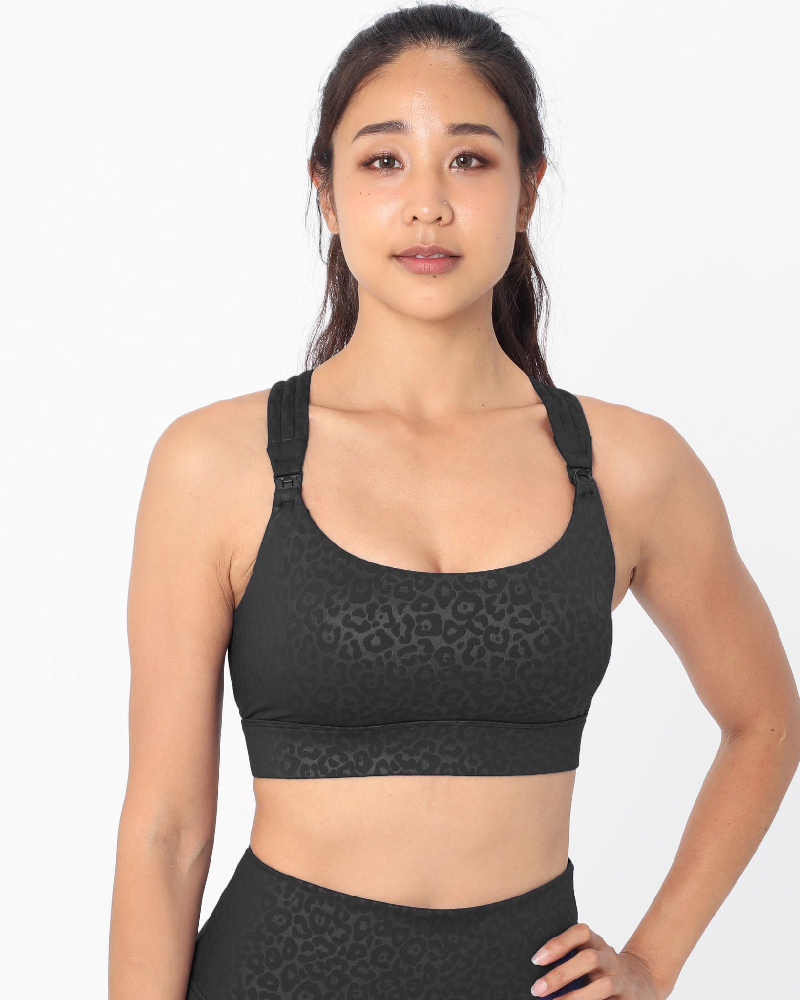 Chloe 4 Running Nursing and Pumping Sports Bra, black, strappy back, supportive, stylish, mid high impact, high coverage, supportive, large chest, black cheetah, sweat and milk