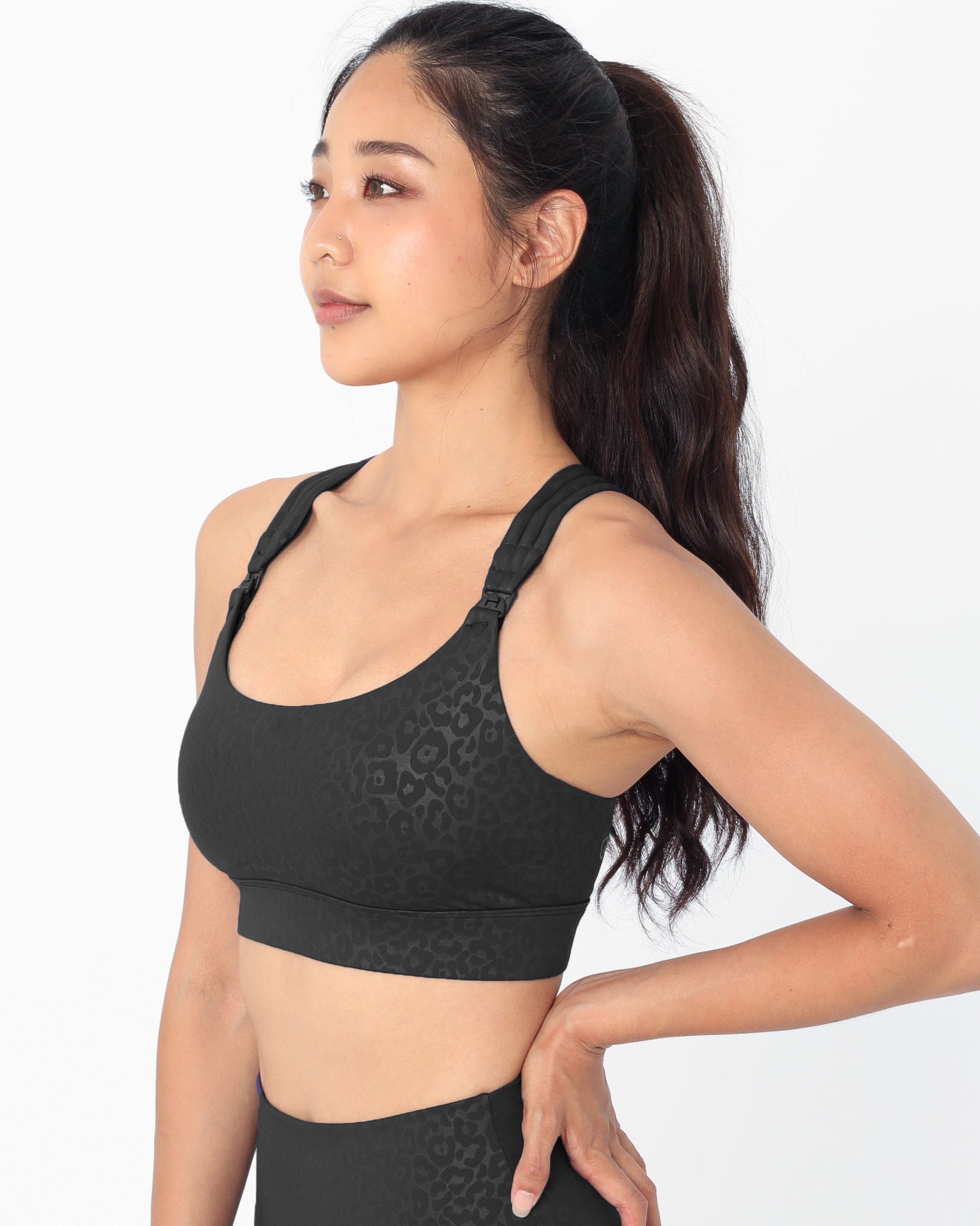 Chloe 4 Running Nursing and Pumping Sports Bra, black, strappy back, supportive, stylish, mid high impact, high coverage, supportive, large chest, black cheetah, sweat and milk