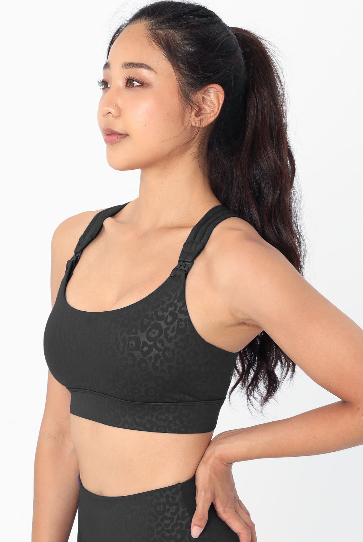 Chloe 4 Running Nursing and Pumping Sports Bra, black, strappy back, supportive, stylish, mid high impact, high coverage, supportive, large chest, black cheetah, sweat and milk
