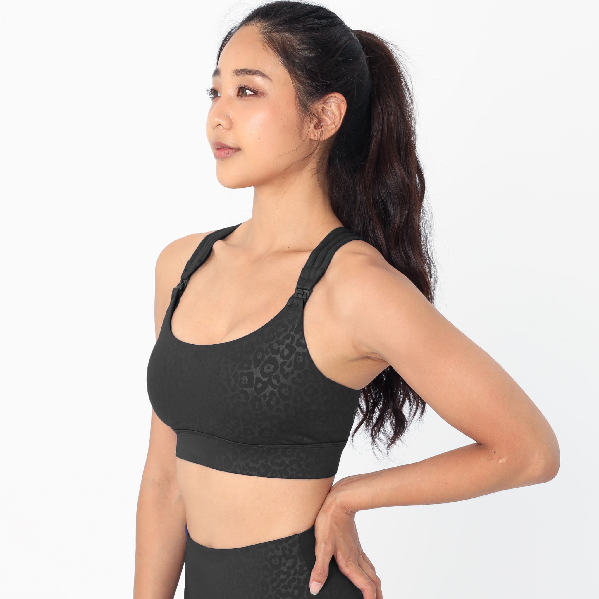 Chloe 4 Running Nursing and Pumping Sports Bra, black, strappy back, supportive, stylish, mid high impact, high coverage, supportive, large chest, black cheetah, sweat and milk