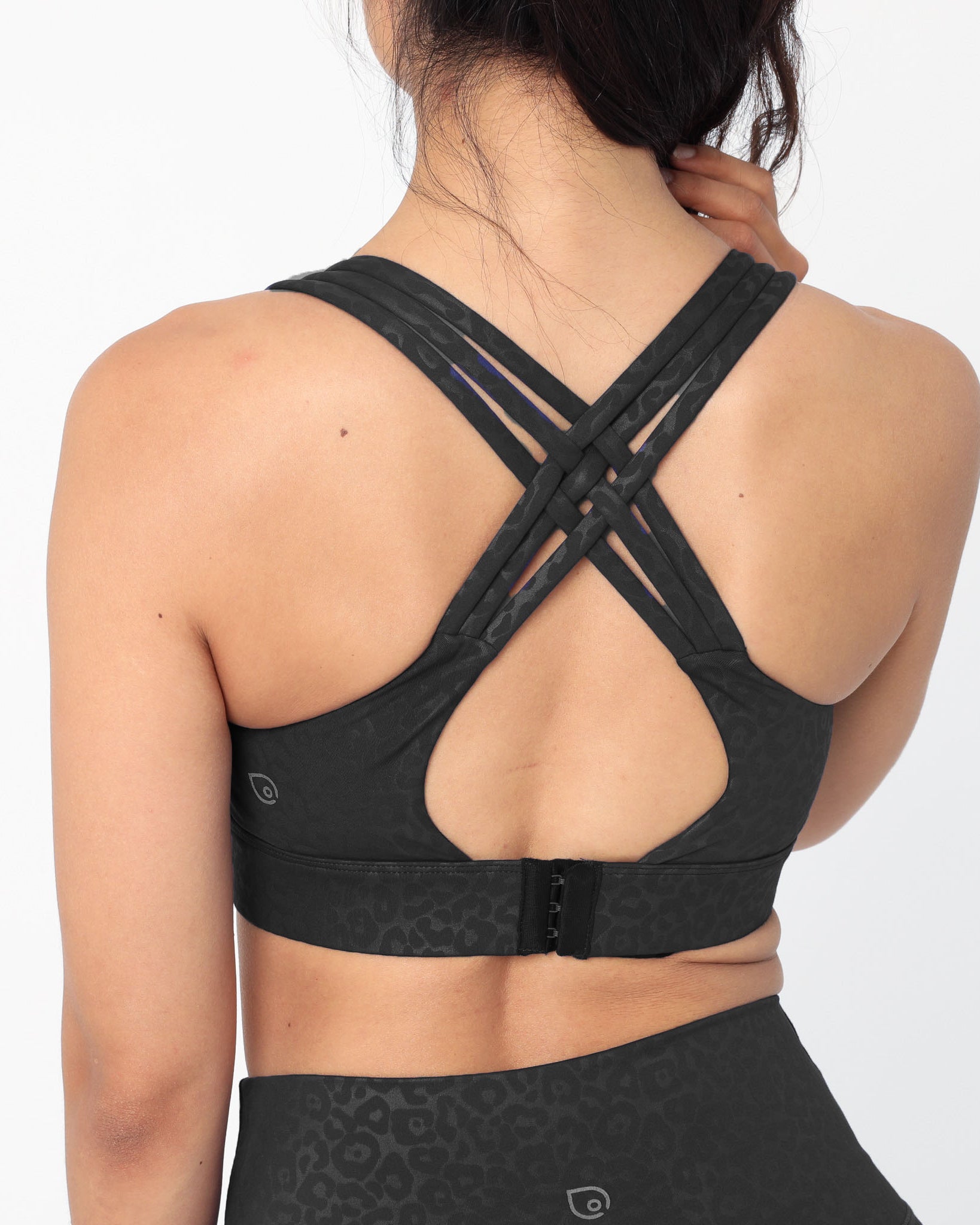 Chloe 4 Running Nursing and Pumping Sports Bra, black, strappy back, supportive, stylish, mid high impact, high coverage, supportive, large chest, black cheetah, sweat and milk