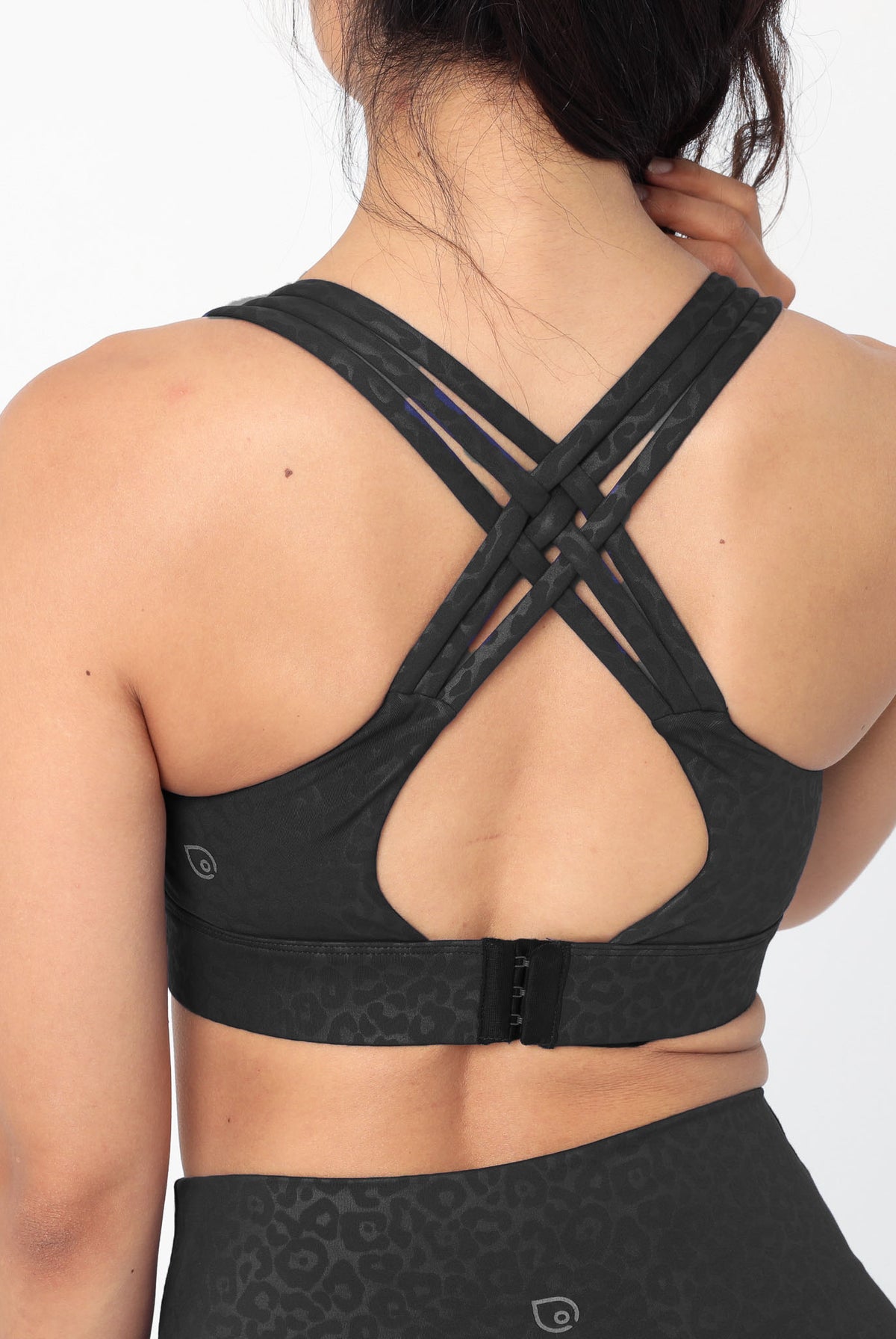 Chloe 4 Running Nursing and Pumping Sports Bra, black, strappy back, supportive, stylish, mid high impact, high coverage, supportive, large chest, black cheetah, sweat and milk