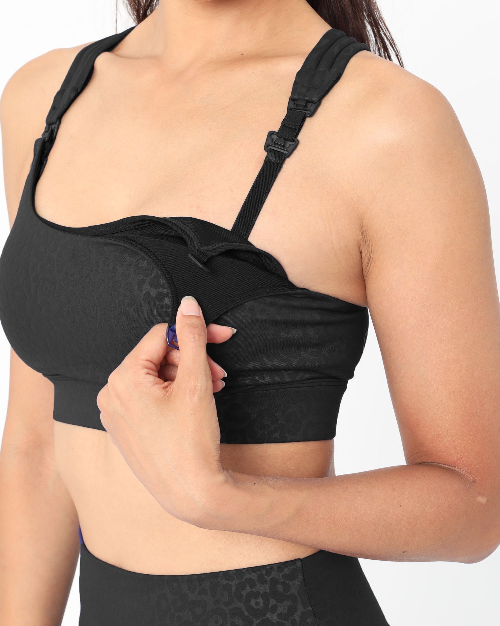 Chloe 4 Running Nursing and Pumping Sports Bra, black, strappy back, supportive, stylish, mid high impact, high coverage, supportive, large chest, black cheetah, sweat and milk