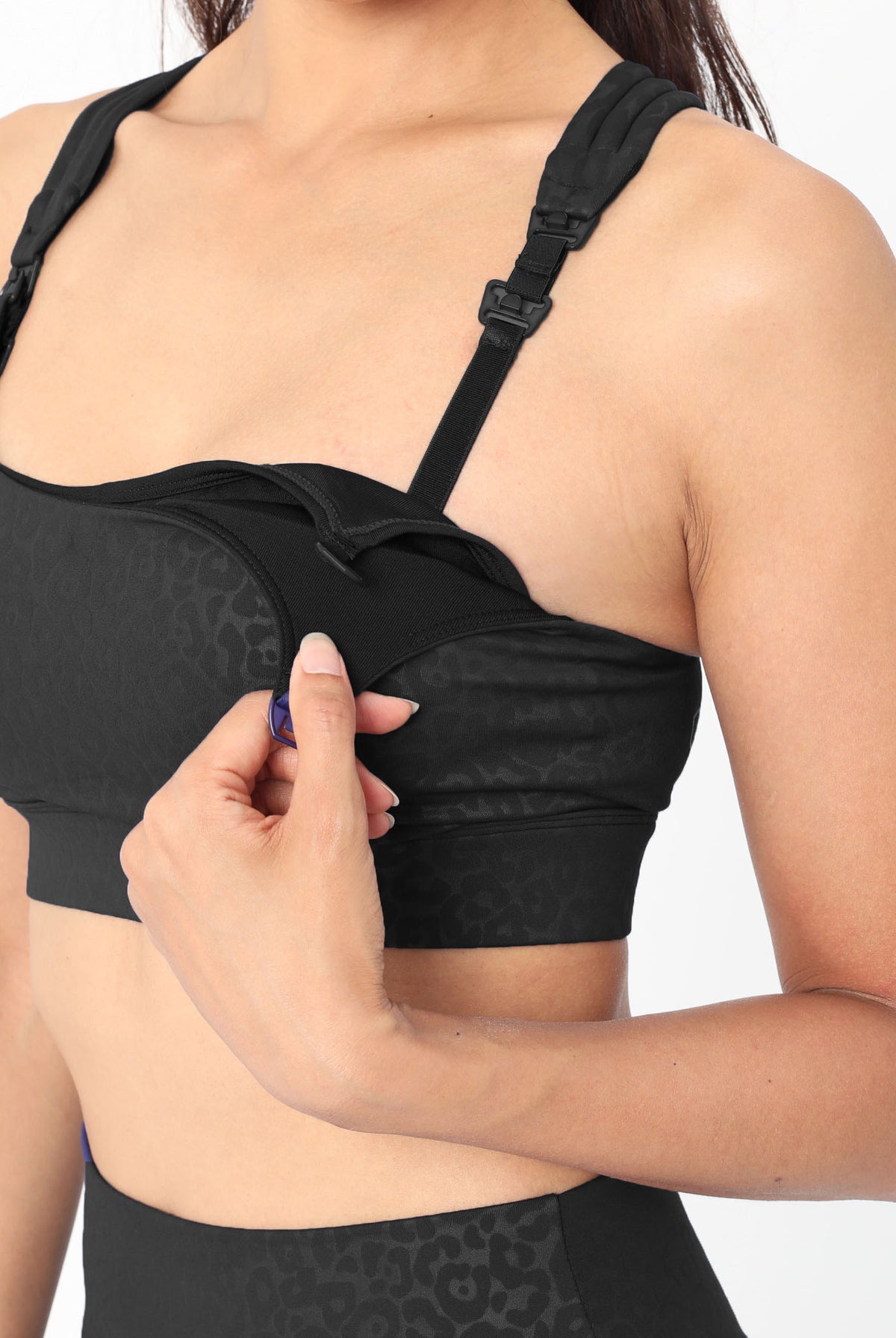 Chloe 4 Running Nursing and Pumping Sports Bra, black, strappy back, supportive, stylish, mid high impact, high coverage, supportive, large chest, black cheetah, sweat and milk