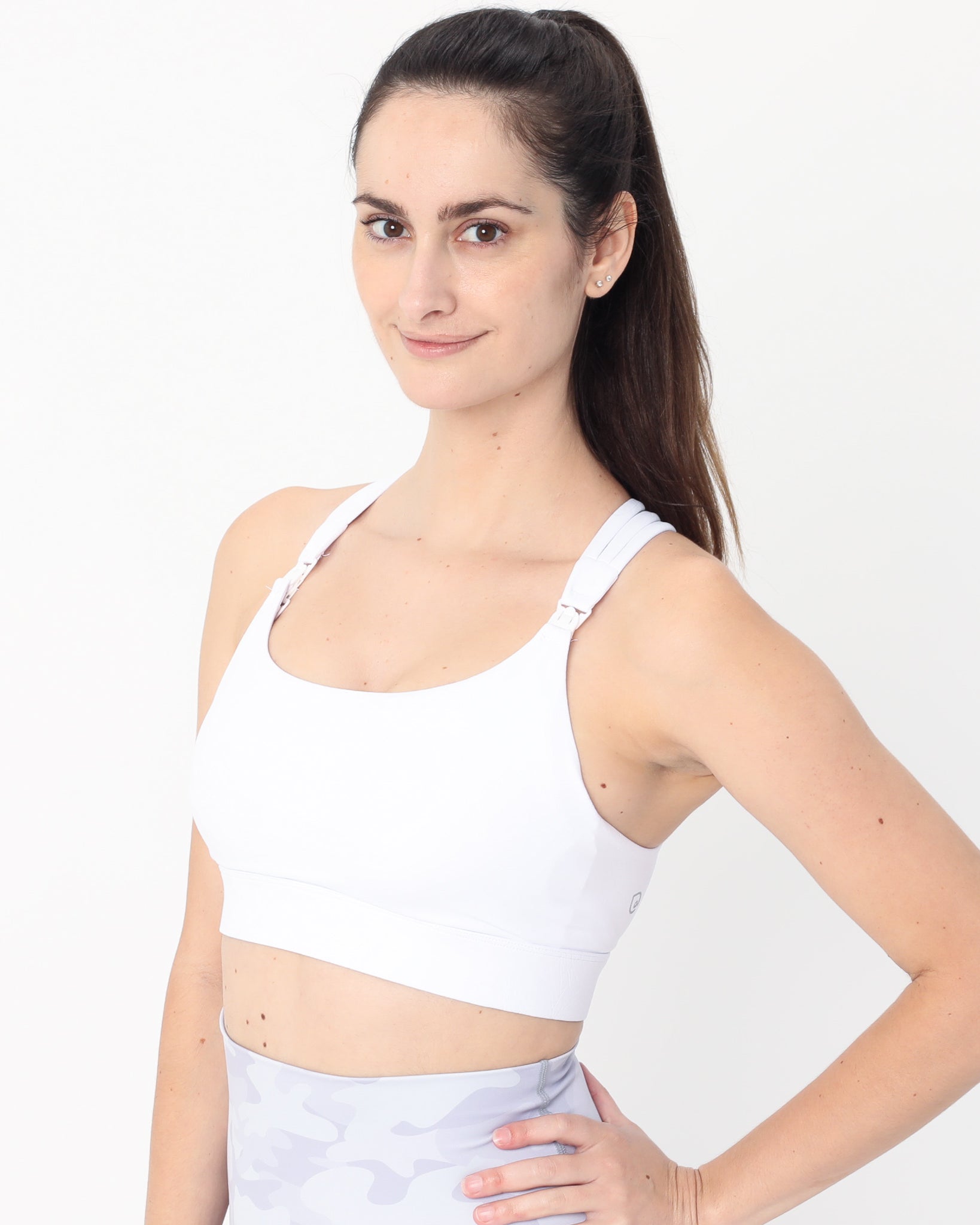 Chloe 4 Running Nursing and Pumping Sports Bra, black, strappy back, supportive, stylish, mid high impact, high coverage, supportive, large chest, white floral, sweat and milk