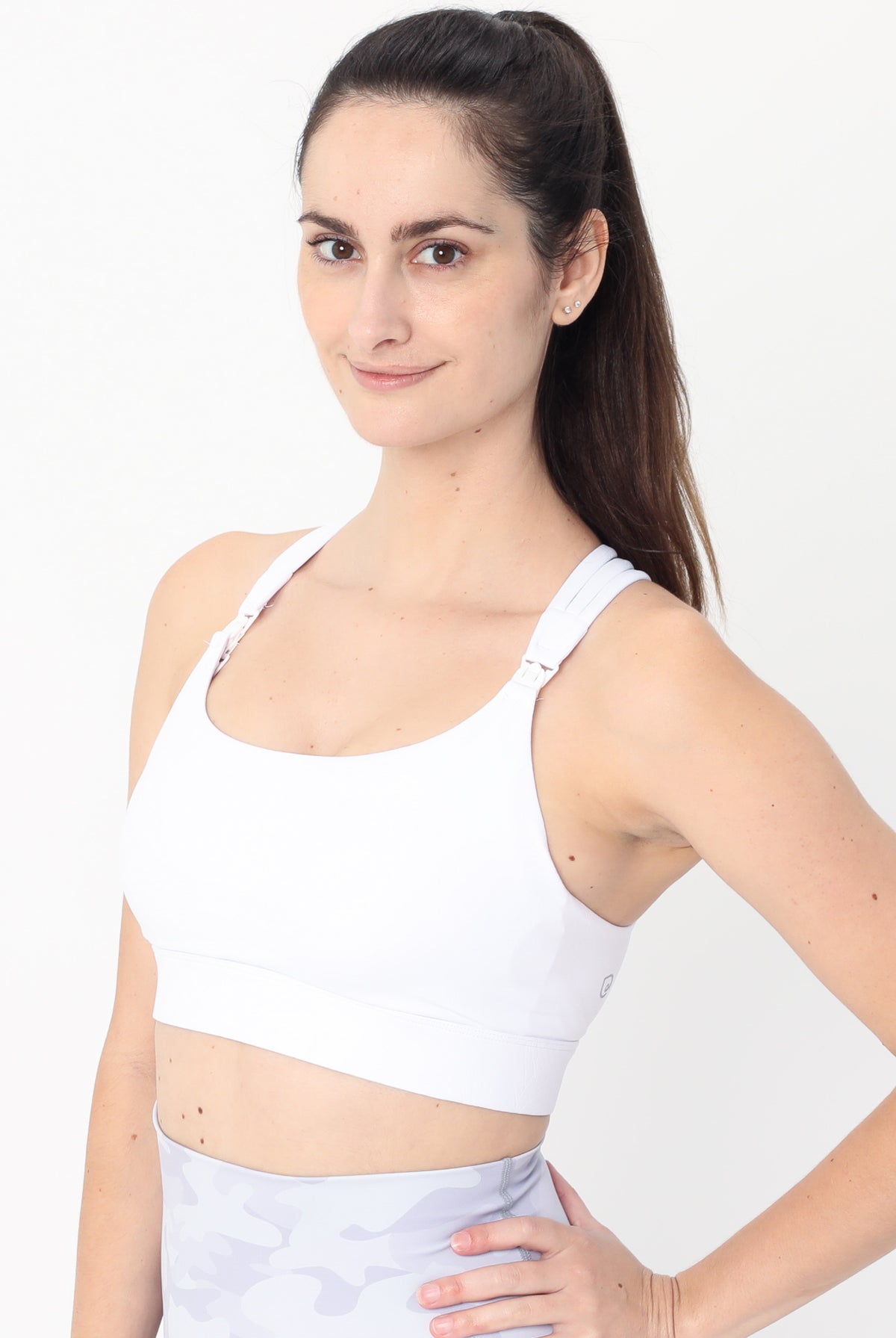 Chloe 4 Running Nursing and Pumping Sports Bra, black, strappy back, supportive, stylish, mid high impact, high coverage, supportive, large chest, white floral, sweat and milk