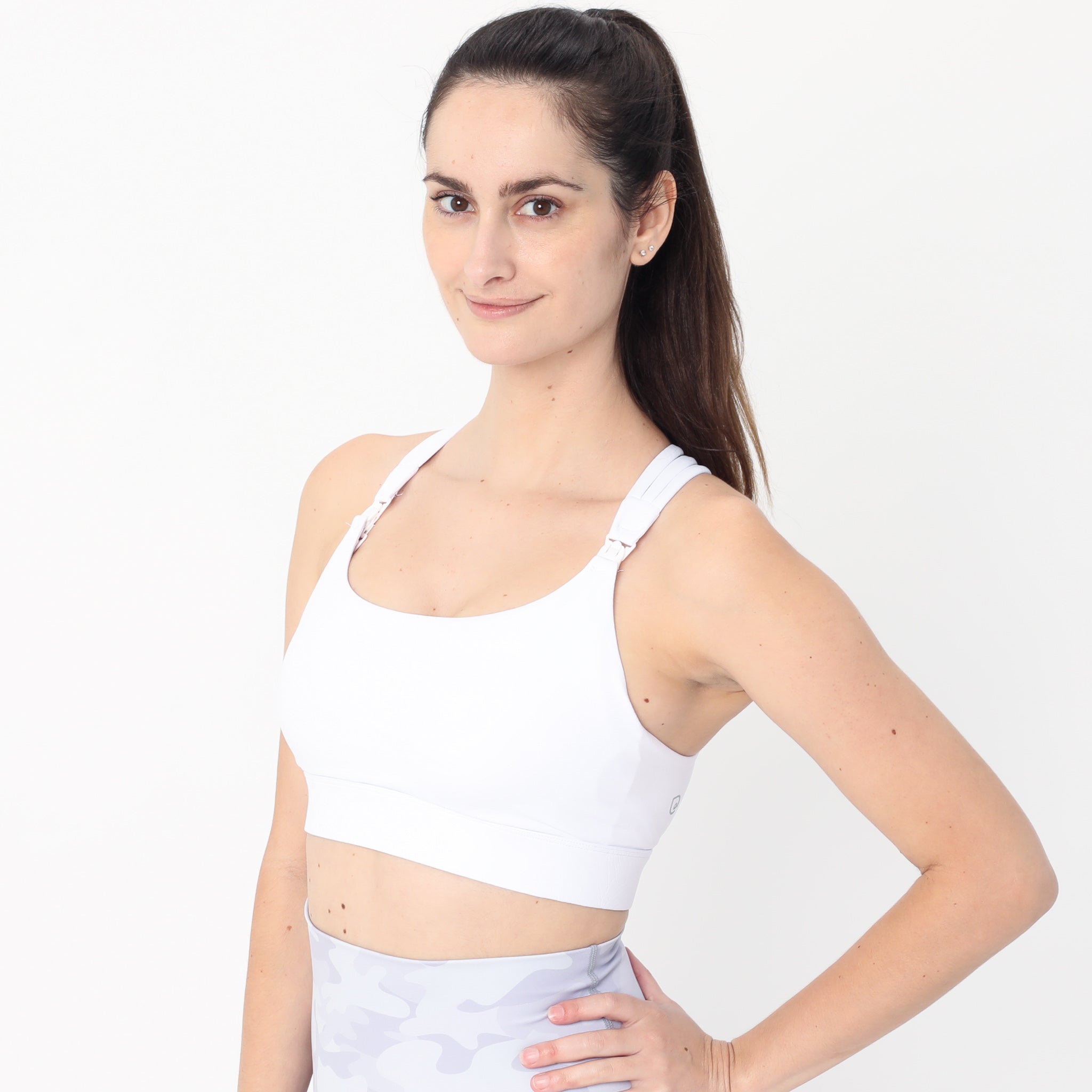 Chloe 4 Running Nursing and Pumping Sports Bra, black, strappy back, supportive, stylish, mid high impact, high coverage, supportive, large chest, white floral, sweat and milk