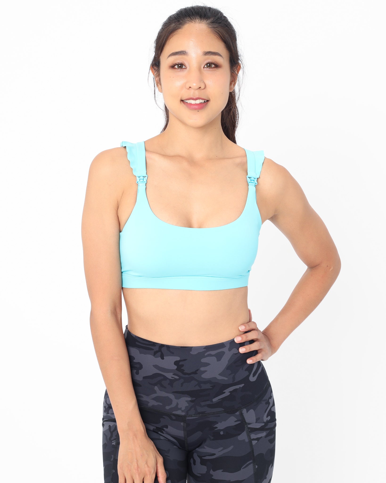 Madison Ruffle Nursing Sports Bra, Medium support, running, largest breast, aqua