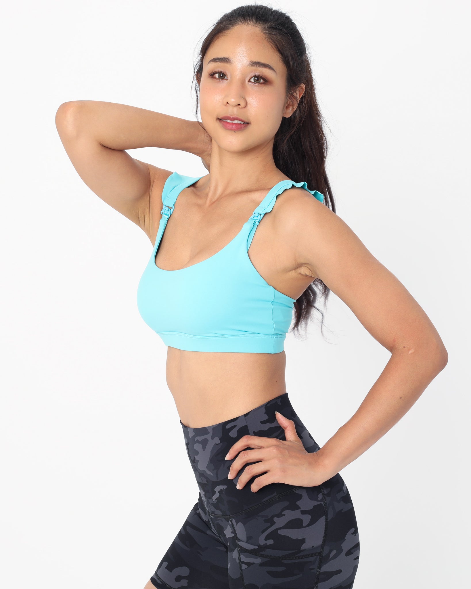 Madison Ruffle Nursing Sports Bra, Medium support, running, largest breast, aqua