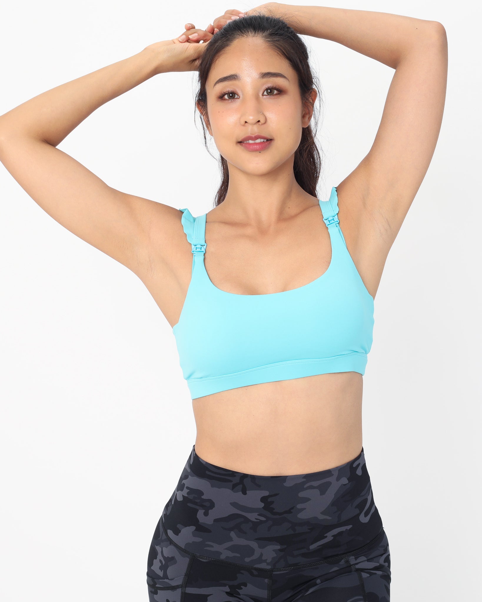 Madison Ruffle Nursing Sports Bra, Medium support, running, largest breast, aqua