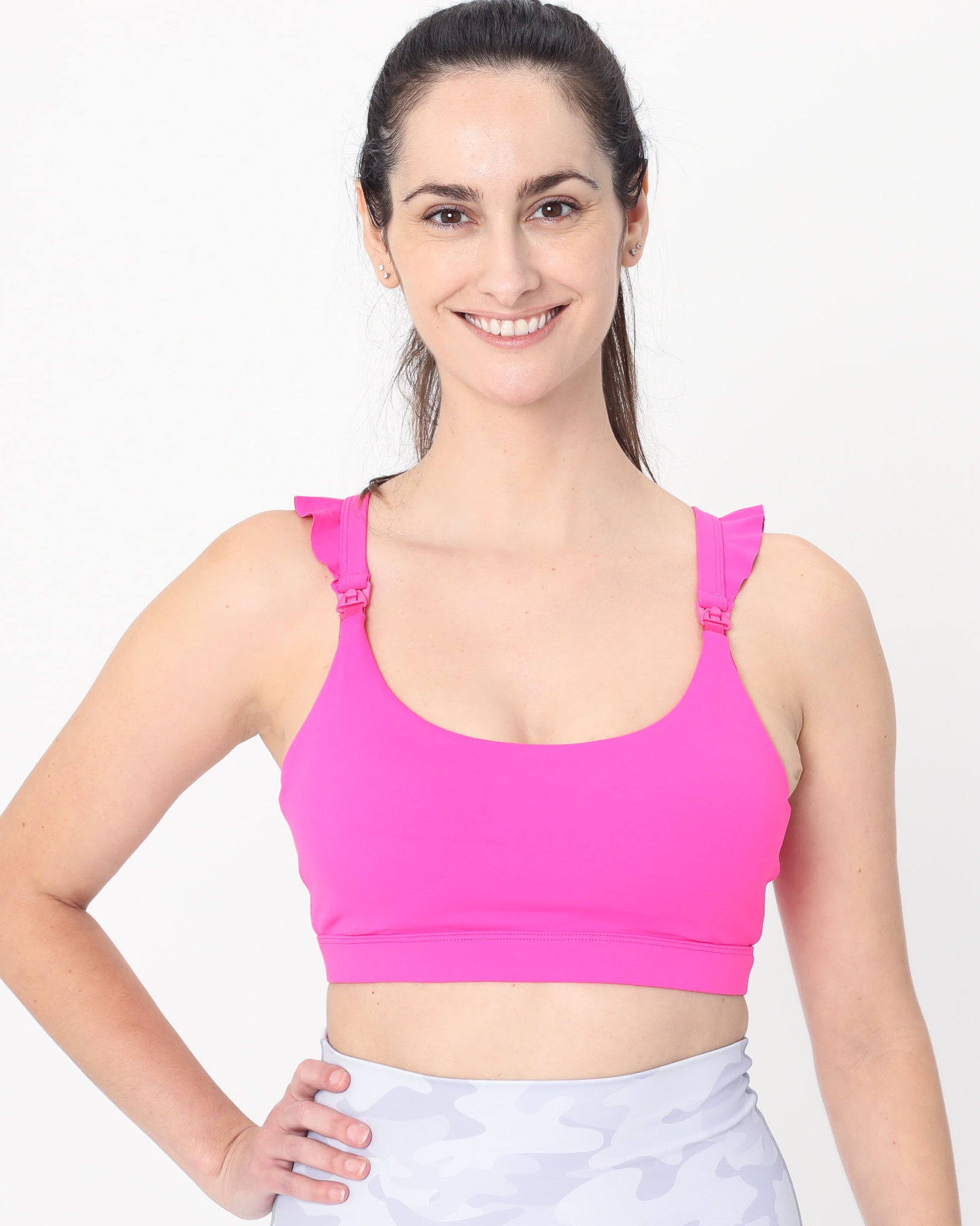 Madison Ruffle Nursing Sports Bra, Medium support, running, largest breast, hot pink
