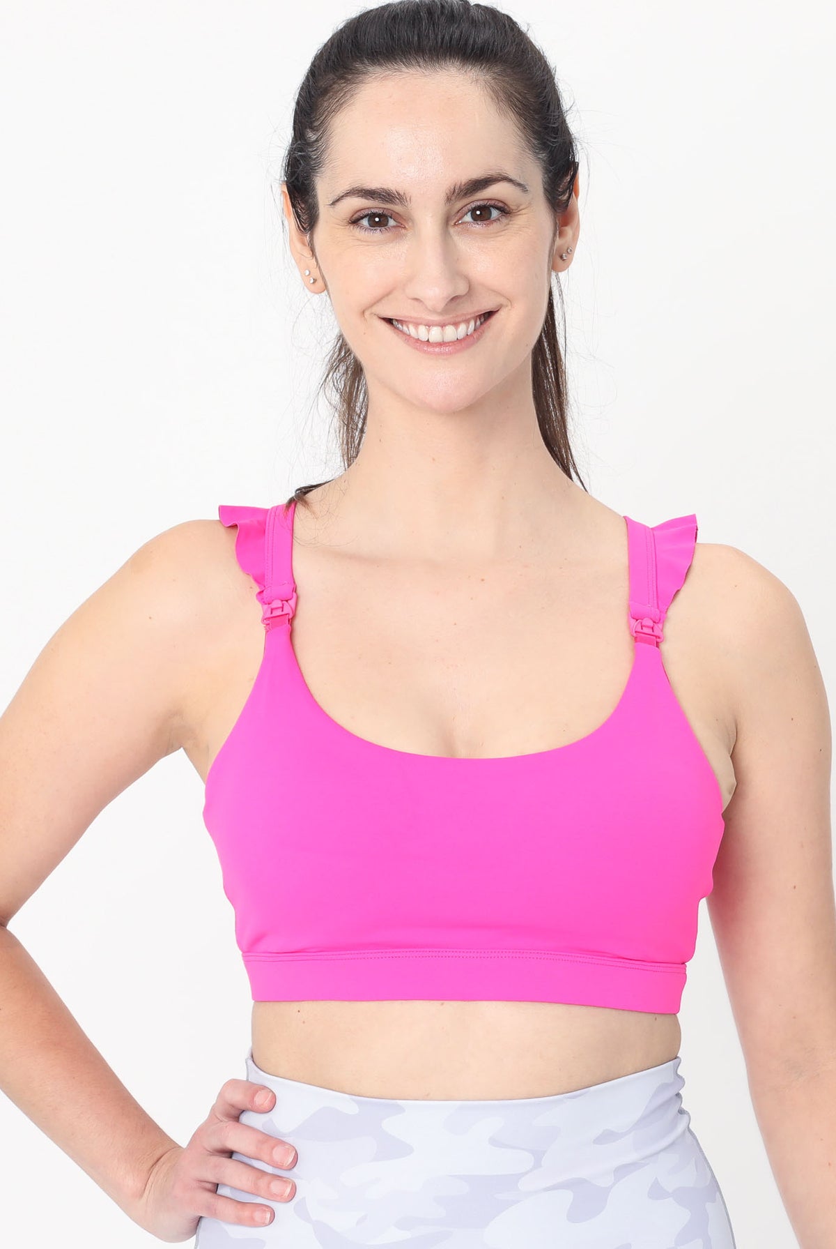 Madison Ruffle Nursing Sports Bra, Medium support, running, largest breast, hot pink