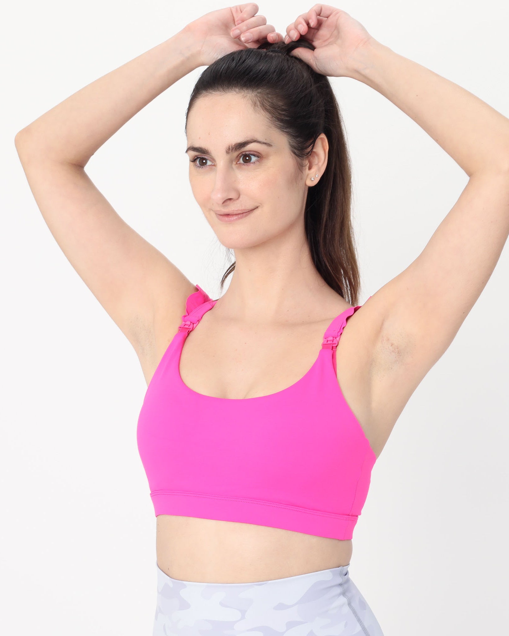 Madison Ruffle Nursing Sports Bra, Medium support, running, largest breast, hot pink