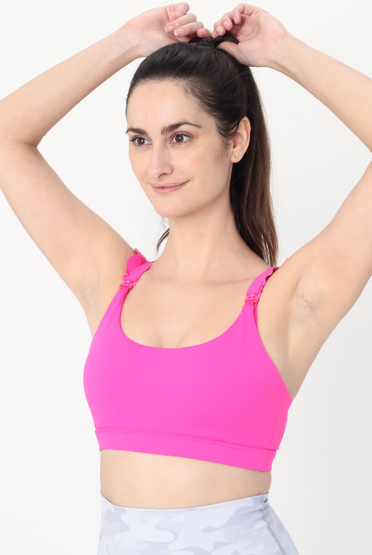 Madison Ruffle Nursing Sports Bra, Medium support, running, largest breast, hot pink