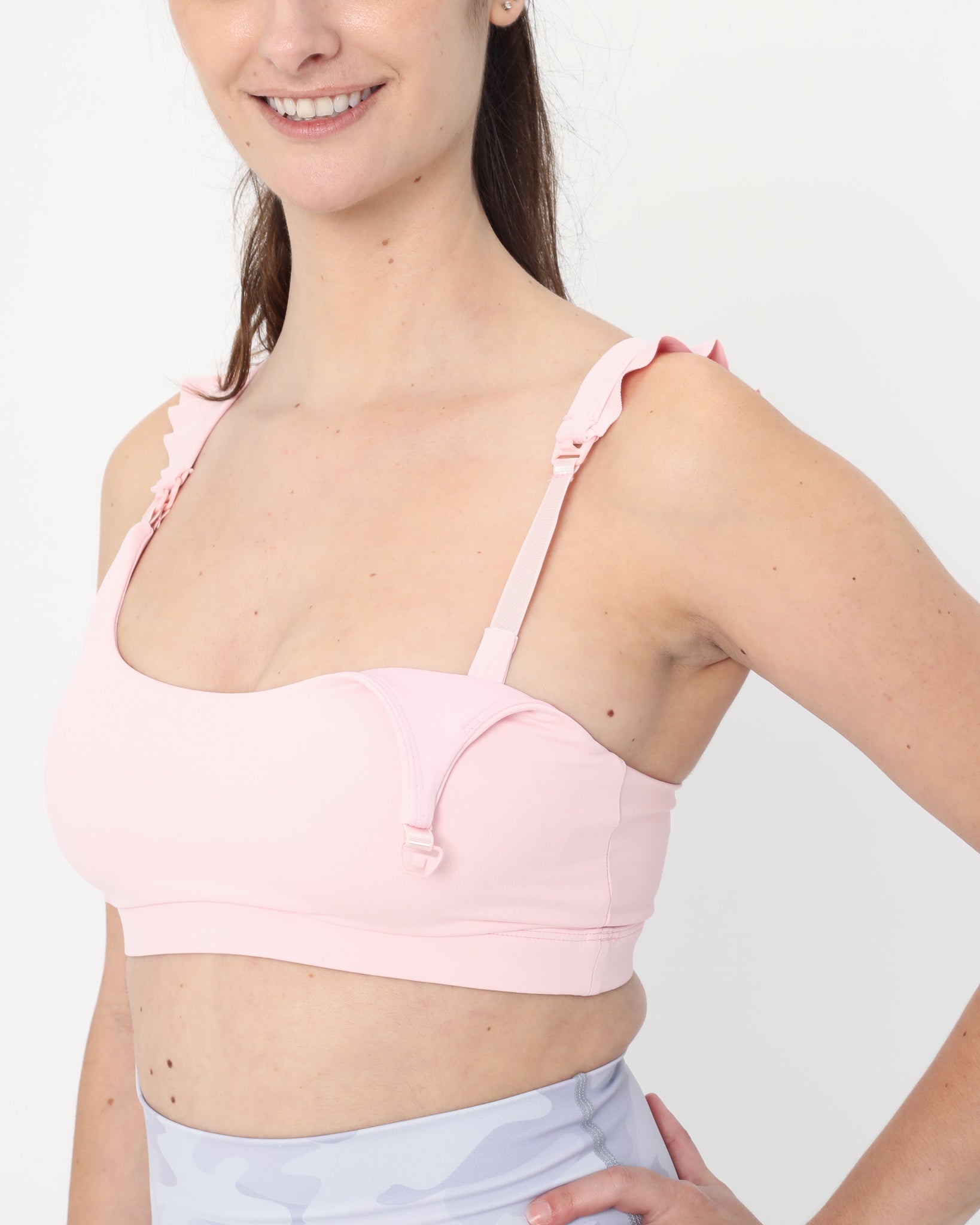 Madison Ruffle Nursing Sports Bra, Medium support, running, largest breast, blush pink