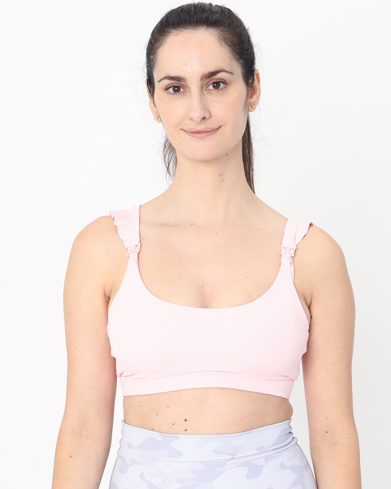 Madison Ruffle Nursing Sports Bra, Medium support, running, largest breast, blush pink