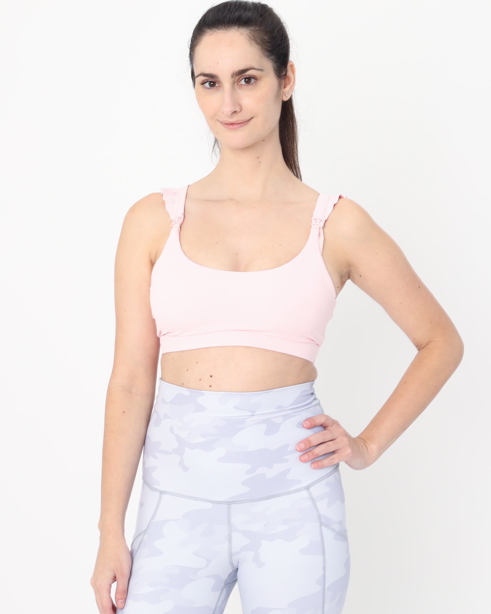 Madison Ruffle Nursing Sports Bra, Medium support, running, largest breast, blush pink