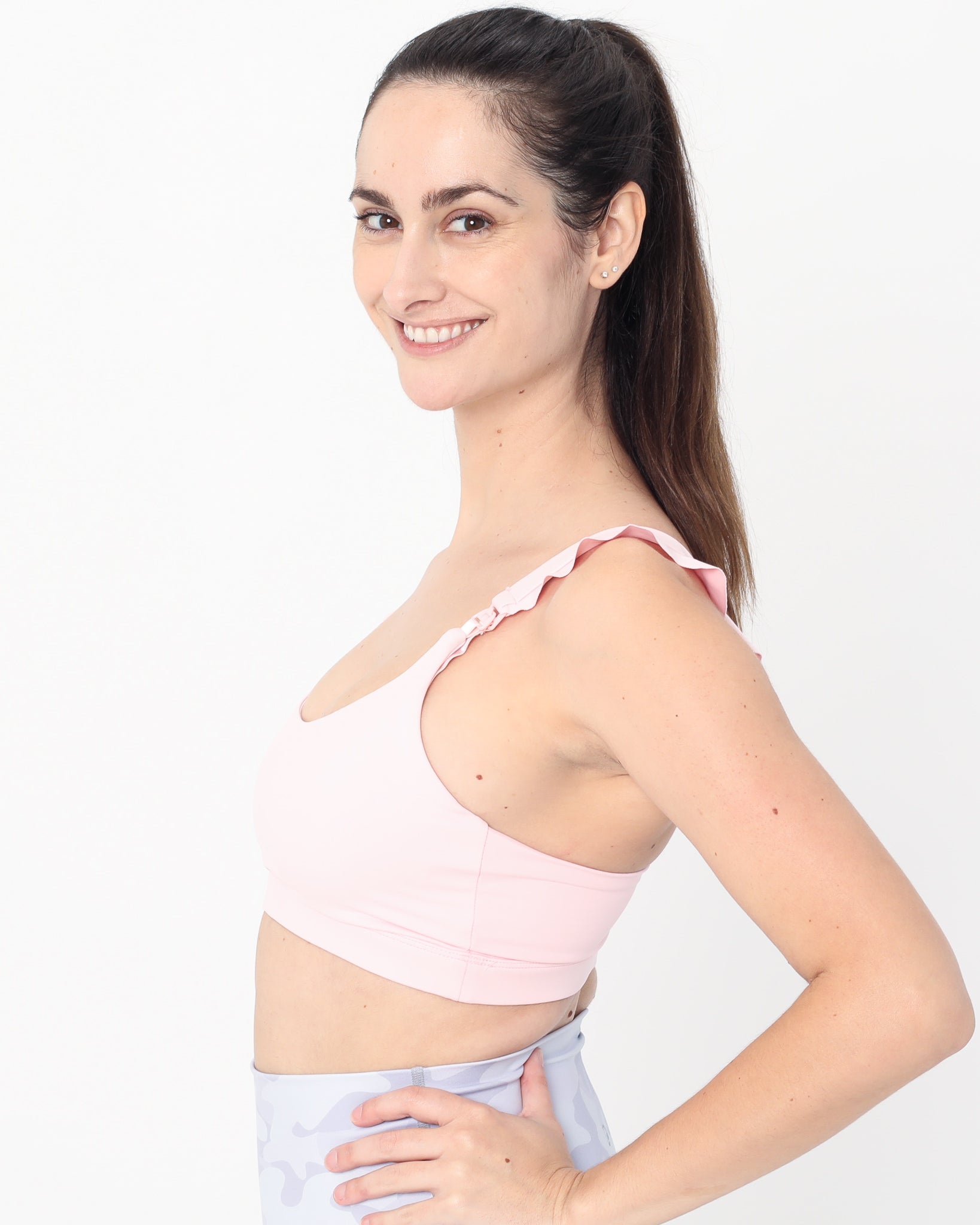 Madison Ruffle Nursing Sports Bra, Medium support, running, largest breast, blush pink