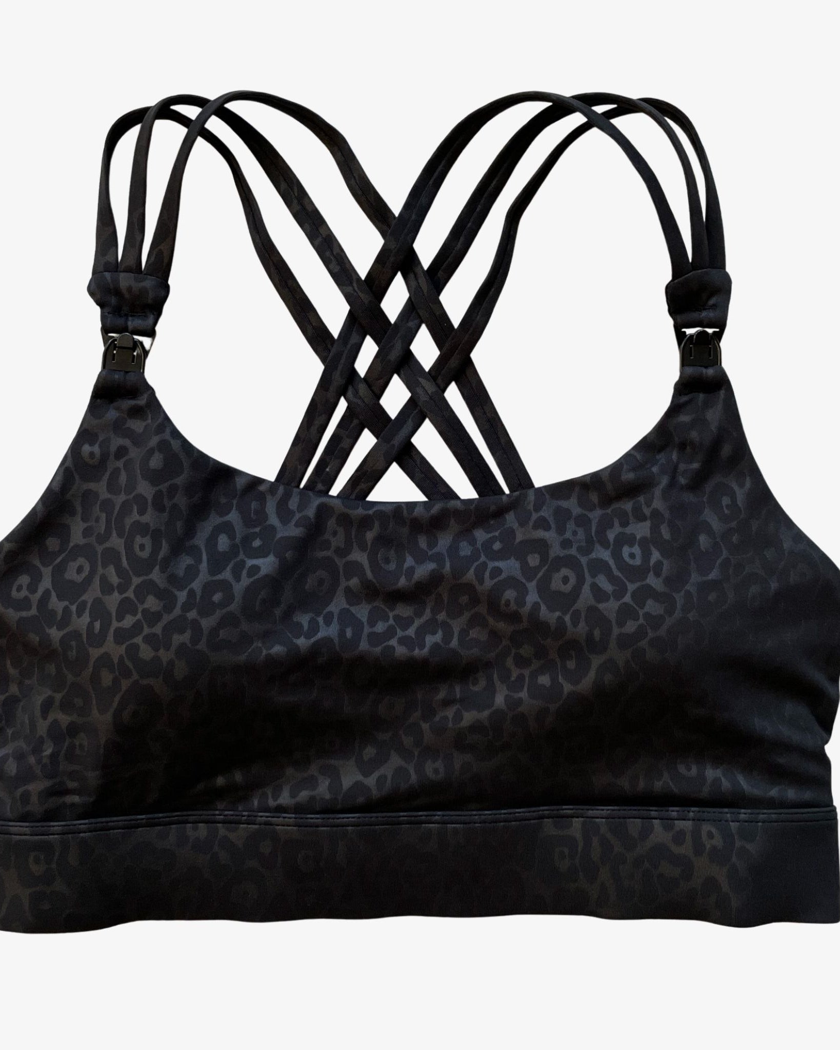 Chloe 3 Running Nursing Sports Bra, black, strappy back, supportive, stylish, mid high impact, high coverage, supportive, large chest, black cheetah, sweat and milk