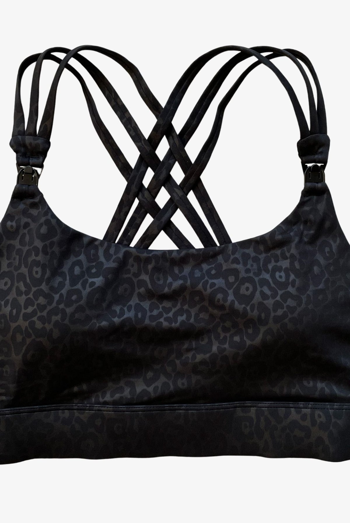 Chloe 3 Running Nursing Sports Bra, black, strappy back, supportive, stylish, mid high impact, high coverage, supportive, large chest, black cheetah, sweat and milk