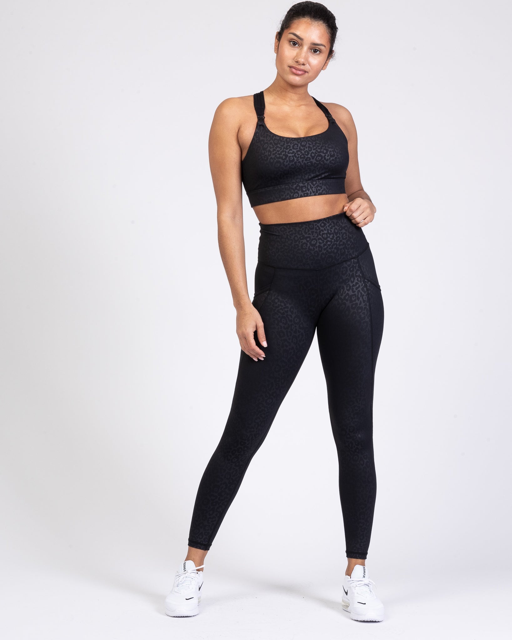 Chloe 4 Running Nursing and Pumping Sports Bra, black, strappy back, supportive, stylish, mid high impact, high coverage, supportive, large chest, black cheetah, sweat and milk
