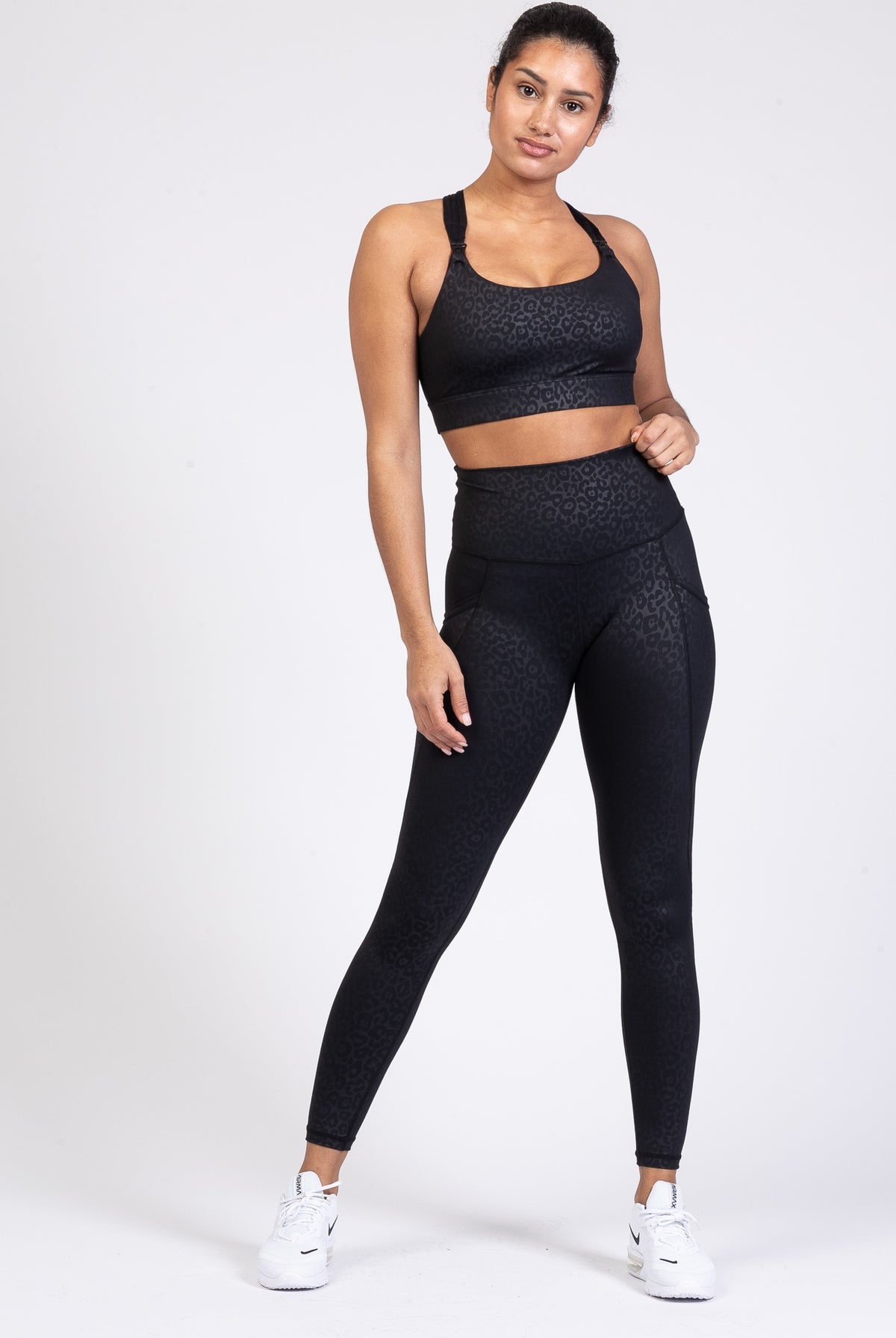 Chloe 4 Running Nursing and Pumping Sports Bra, black, strappy back, supportive, stylish, mid high impact, high coverage, supportive, large chest, black cheetah, sweat and milk