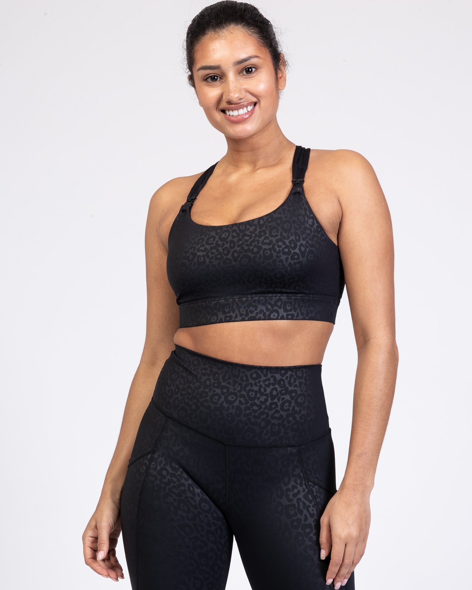 Chloe 4 Running Nursing and Pumping Sports Bra, black, strappy back, supportive, stylish, mid high impact, high coverage, supportive, large chest, black cheetah, sweat and milk