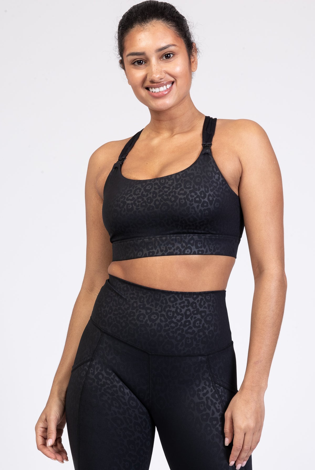 Chloe 4 Running Nursing and Pumping Sports Bra, black, strappy back, supportive, stylish, mid high impact, high coverage, supportive, large chest, black cheetah, sweat and milk