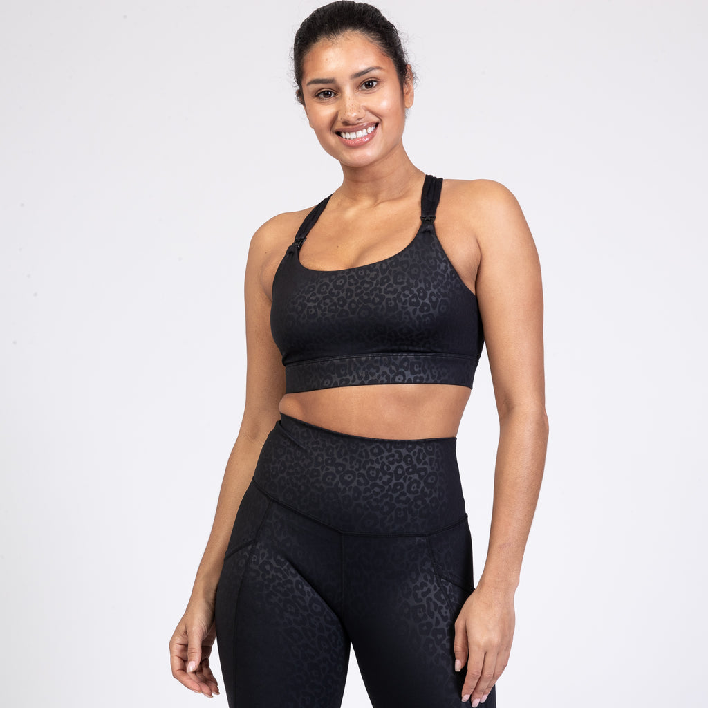 Chloe 4 Running Nursing and Pumping Sports Bra, black, strappy back, supportive, stylish, mid high impact, high coverage, supportive, large chest, black cheetah, sweat and milk