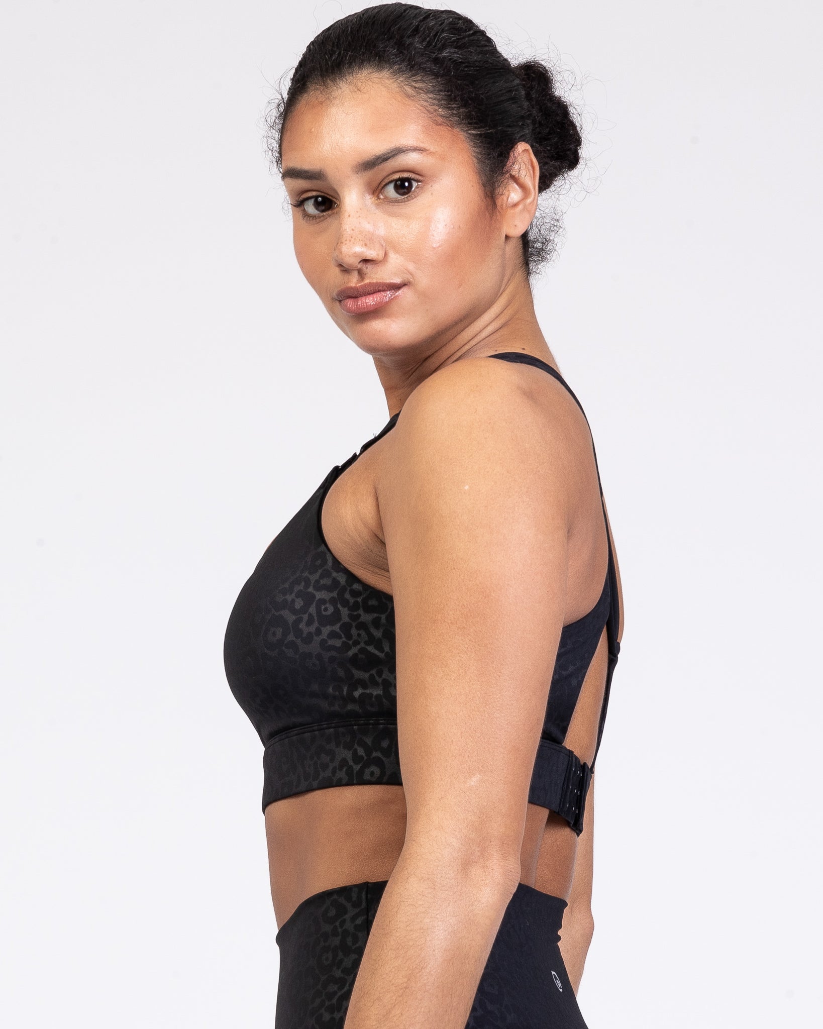 Chloe 4 Running Nursing and Pumping Sports Bra, black, strappy back, supportive, stylish, mid high impact, high coverage, supportive, large chest, black cheetah, sweat and milk