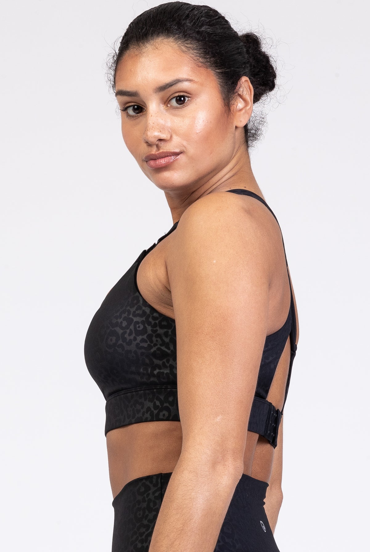 Chloe 4 Running Nursing and Pumping Sports Bra, black, strappy back, supportive, stylish, mid high impact, high coverage, supportive, large chest, black cheetah, sweat and milk