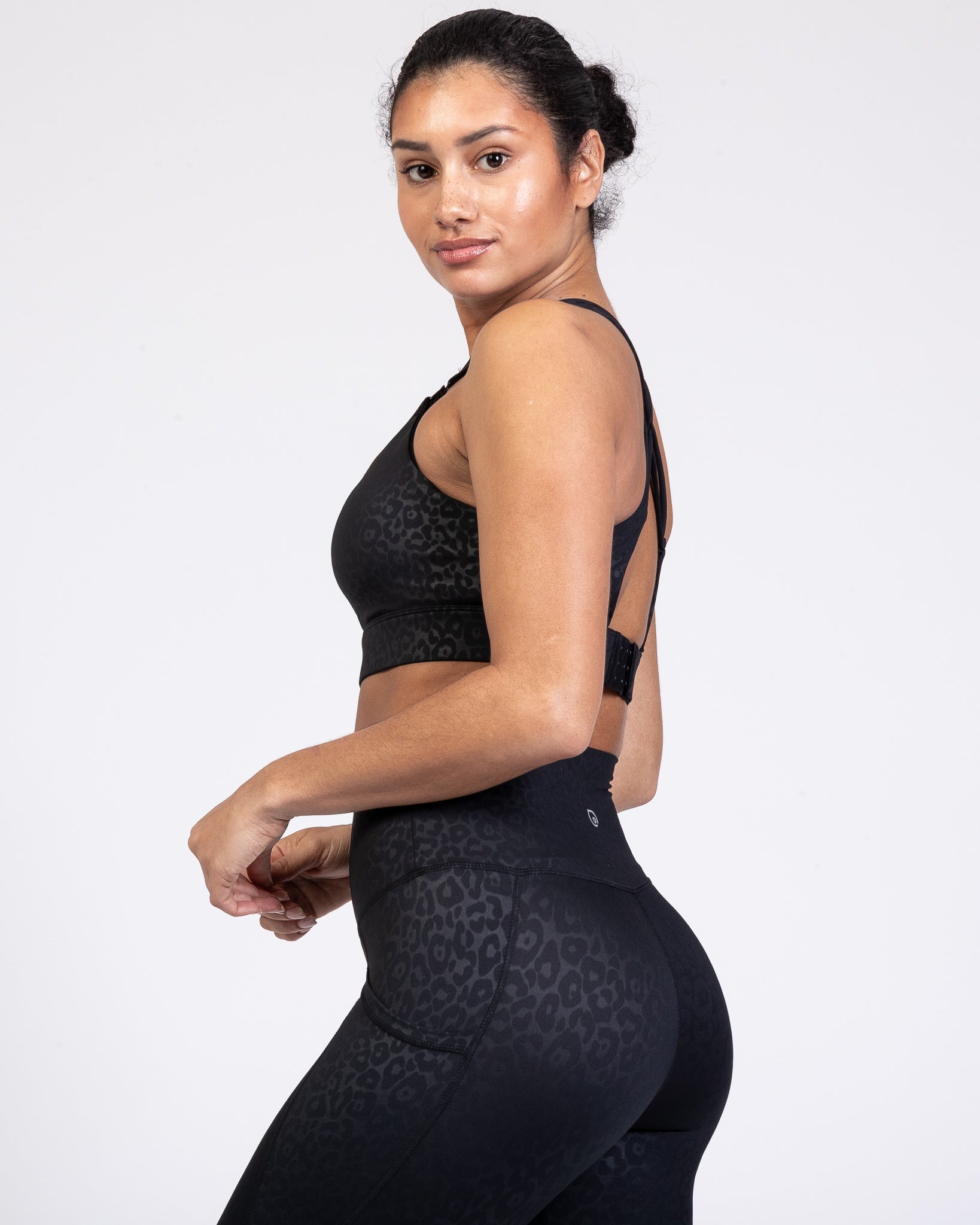 Chloe 4 Running Nursing and Pumping Sports Bra, black, strappy back, supportive, stylish, mid high impact, high coverage, supportive, large chest, black cheetah, sweat and milk