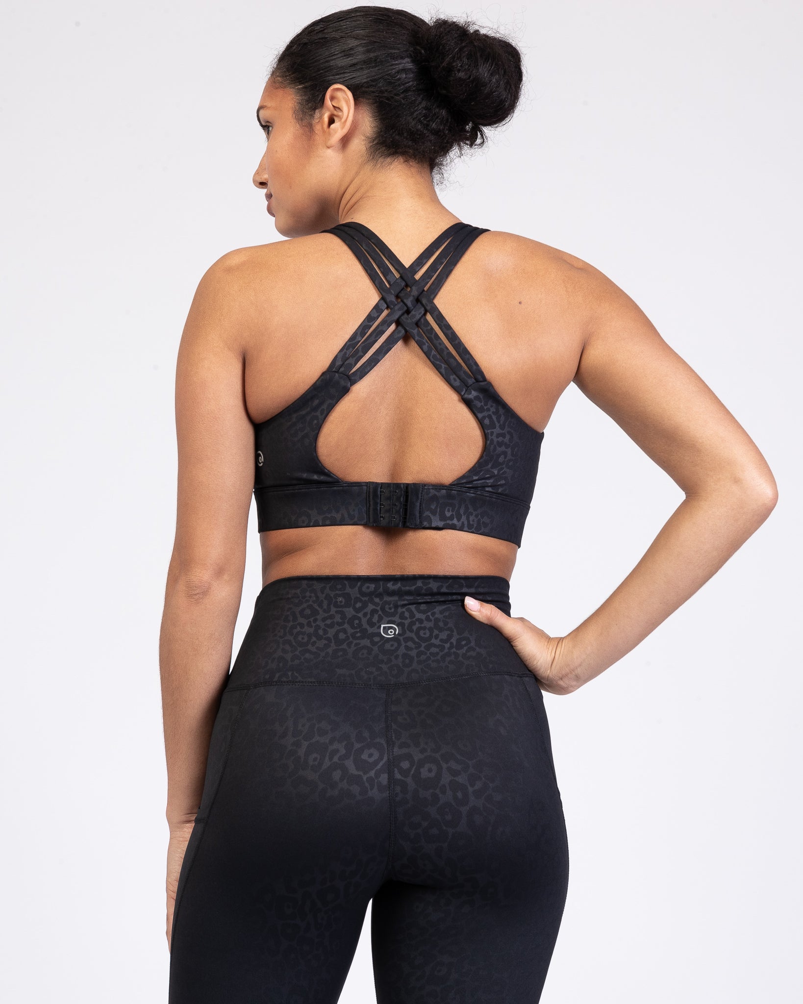 Chloe 4 Running Nursing and Pumping Sports Bra, black, strappy back, supportive, stylish, mid high impact, high coverage, supportive, large chest, black cheetah, sweat and milk