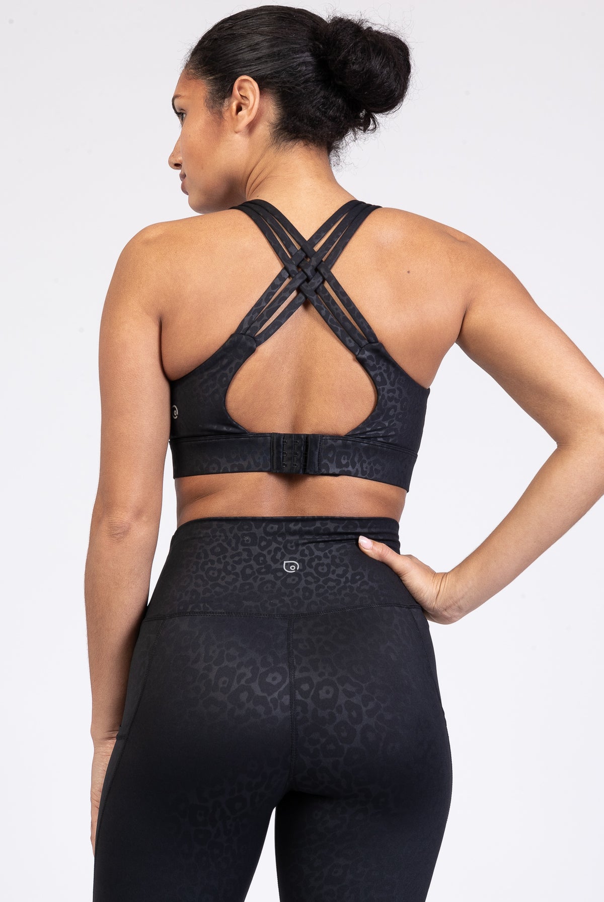 Chloe 4 Running Nursing and Pumping Sports Bra, black, strappy back, supportive, stylish, mid high impact, high coverage, supportive, large chest, black cheetah, sweat and milk