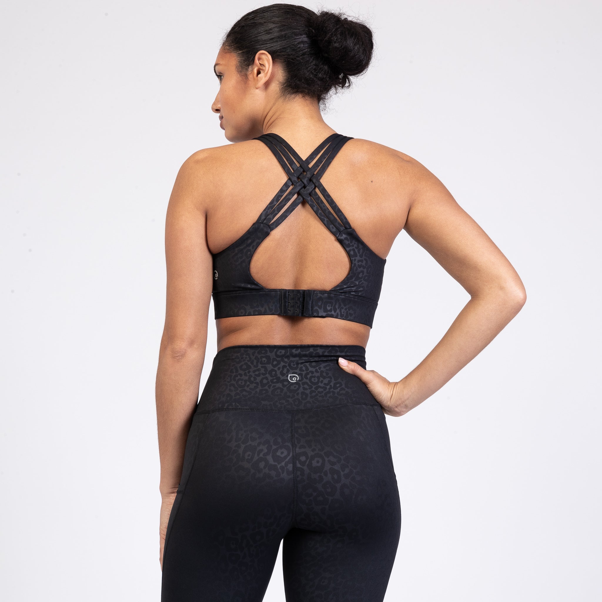 Chloe 4 Running Nursing and Pumping Sports Bra, black, strappy back, supportive, stylish, mid high impact, high coverage, supportive, large chest, black cheetah, sweat and milk