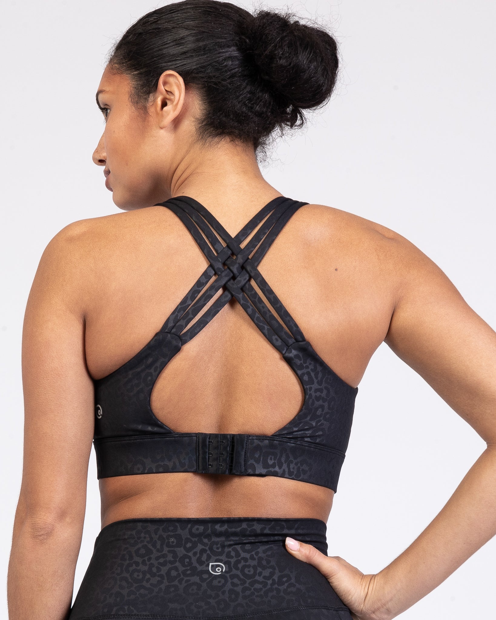 Chloe 4 Running Nursing and Pumping Sports Bra, black, strappy back, supportive, stylish, mid high impact, high coverage, supportive, large chest, black cheetah, sweat and milk