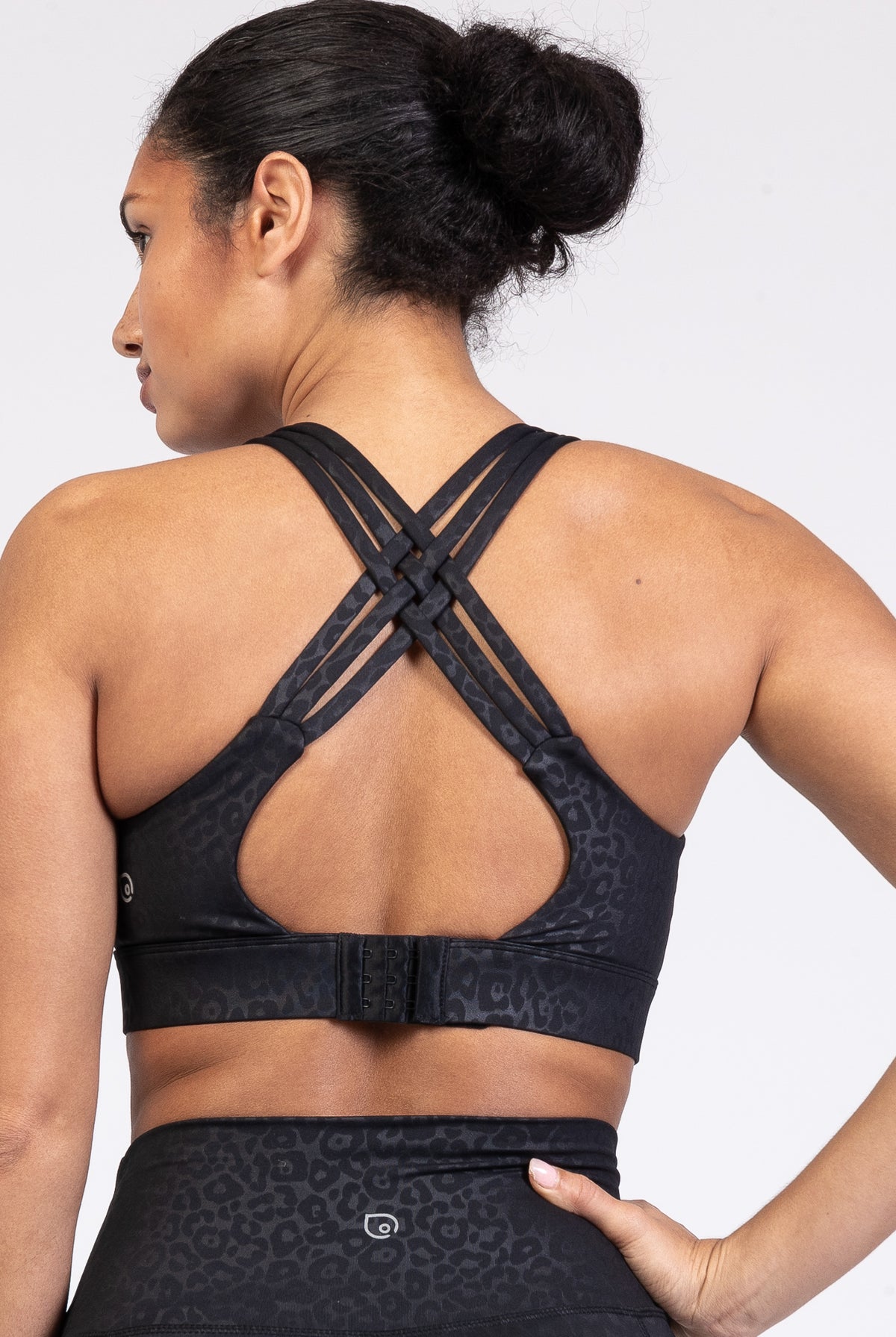 Chloe 4 Running Nursing and Pumping Sports Bra, black, strappy back, supportive, stylish, mid high impact, high coverage, supportive, large chest, black cheetah, sweat and milk
