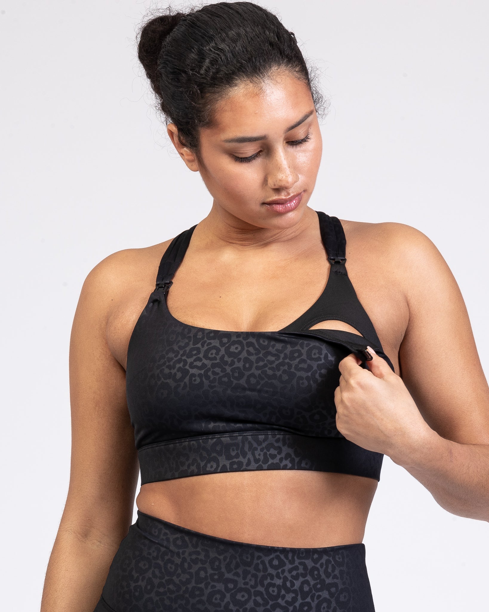 Chloe 4 Running Nursing and Pumping Sports Bra, black, strappy back, supportive, stylish, mid high impact, high coverage, supportive, large chest, black cheetah, sweat and milk